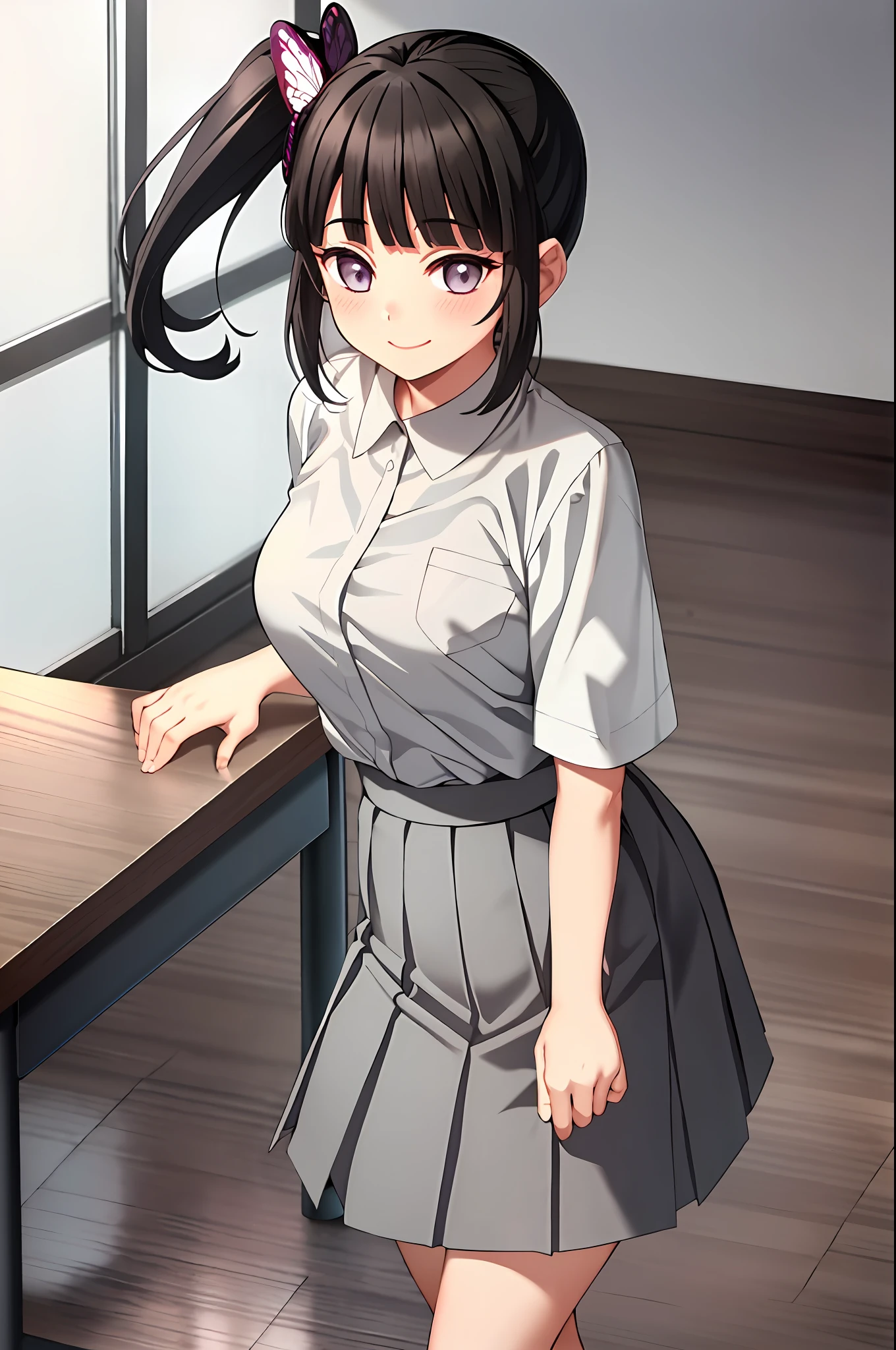 kimetsu no yaiba style, 1girl, butterfly hair ornament, hair ornament, white shirt, solo, purple eyes, side ponytail, smile, bangs,  ((masterpiece)), pleated skirt, face at viewer, look at viewer, ((grey skirt)), grey nectie, grey long nectie, school, indoor, desk, chair, classroom, stocking, blush, shy, sexy pose, grey office nectie, grey pleated skirt, short sleeve, long tie, brown symbol on pocket chest, INDONESIAN HIGH SCHOOL UNIFORM,