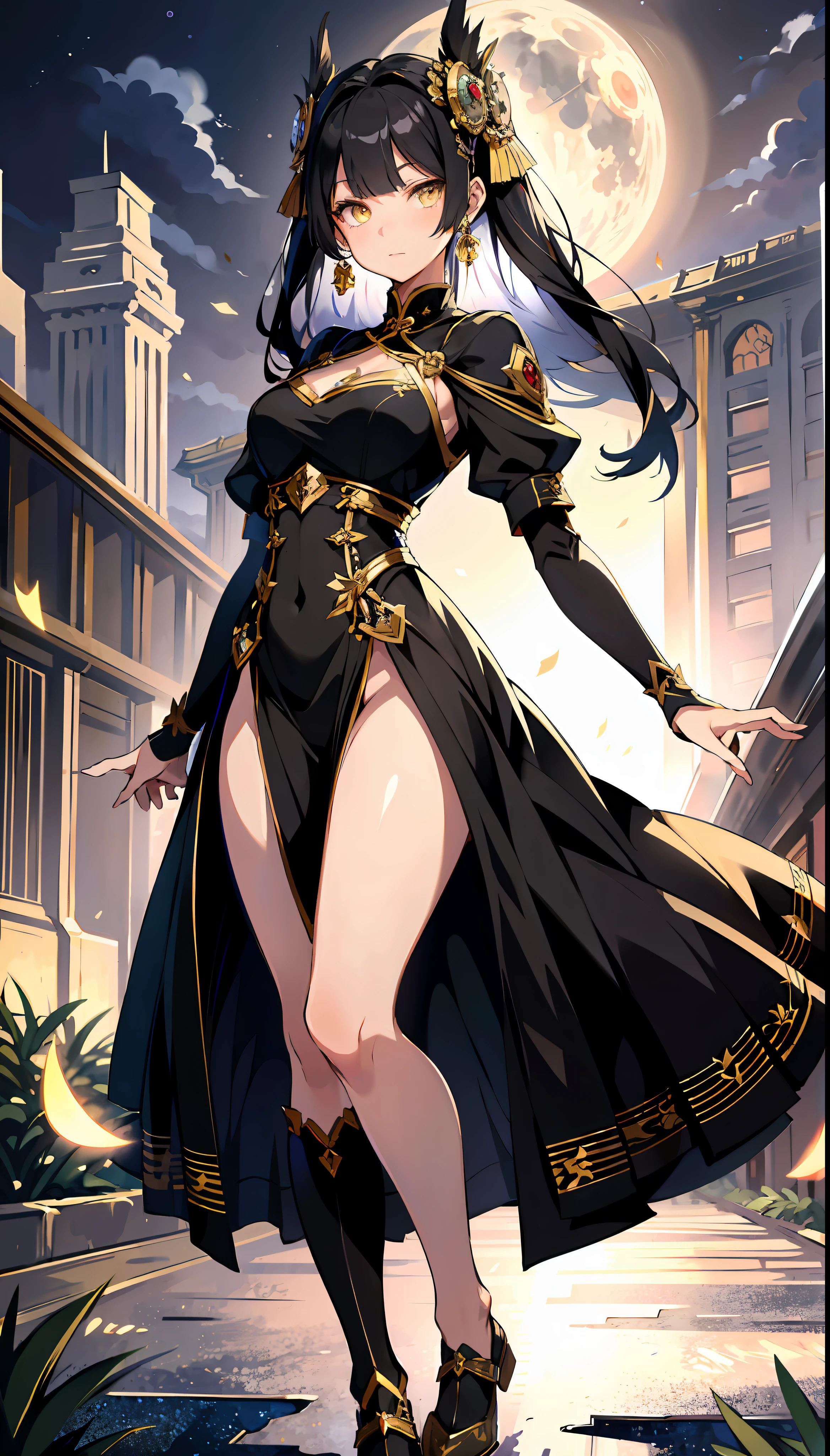 absurd res, high res, (masterpiece:1.4), ultra-detailed, 1girl, from front, moon, Chinese dress, black dress, stockings, black hair, yellow eyes, ultra detailed eyes, yellow eyes, shining eyes, glowing eyes, eyes focus, spread arms, hugging viewer, falling on viewer, open arms, welcoming viewer, viewer on Bossom, viewer hugging