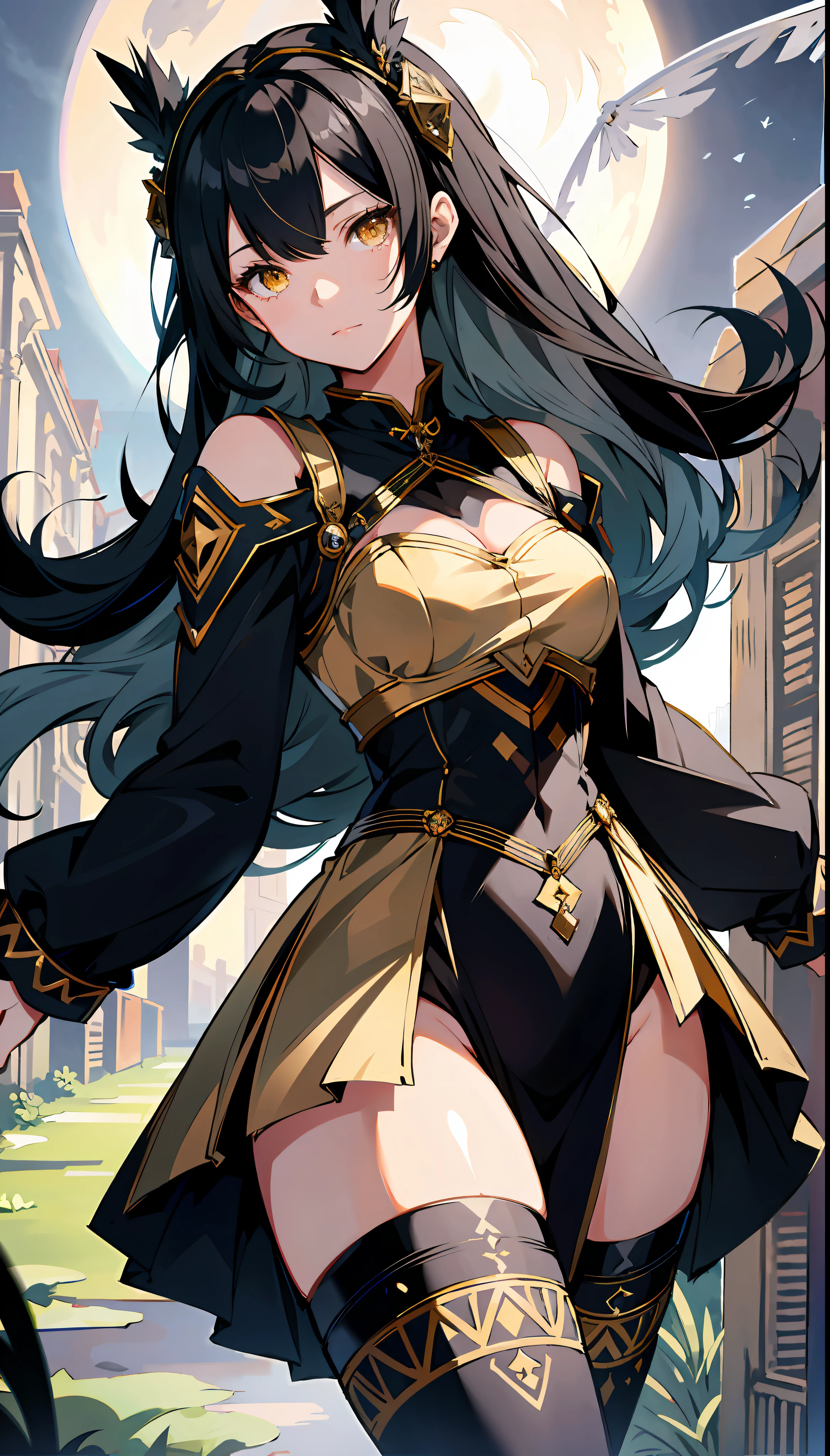 absurd res, high res, (masterpiece:1.4), ultra-detailed, 1girl, from front, moon, Chinese dress, black dress, stockings, black hair, yellow eyes, ultra detailed eyes, yellow eyes, shining eyes, glowing eyes, eyes focus, spread arms, hugging viewer, falling on viewer, open arms, welcoming viewer, viewer on Bossom, viewer hugging