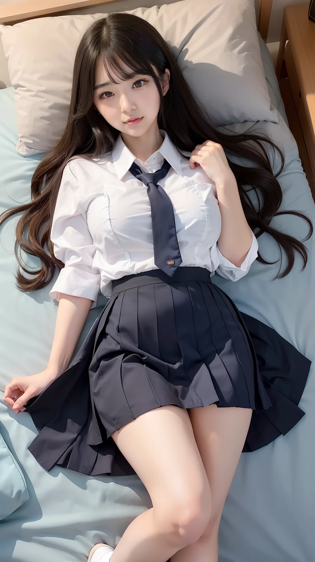 Japan girl, girl in her twenties, wavy little long hair, black hair, brown eyes, perfect figure, transparency, luster, luster, modest breasts, school uniform, navy blue tie, navy blue skirt, light blue shirt, pink panties, gravure idol, bed, sleeping, legs open, upright