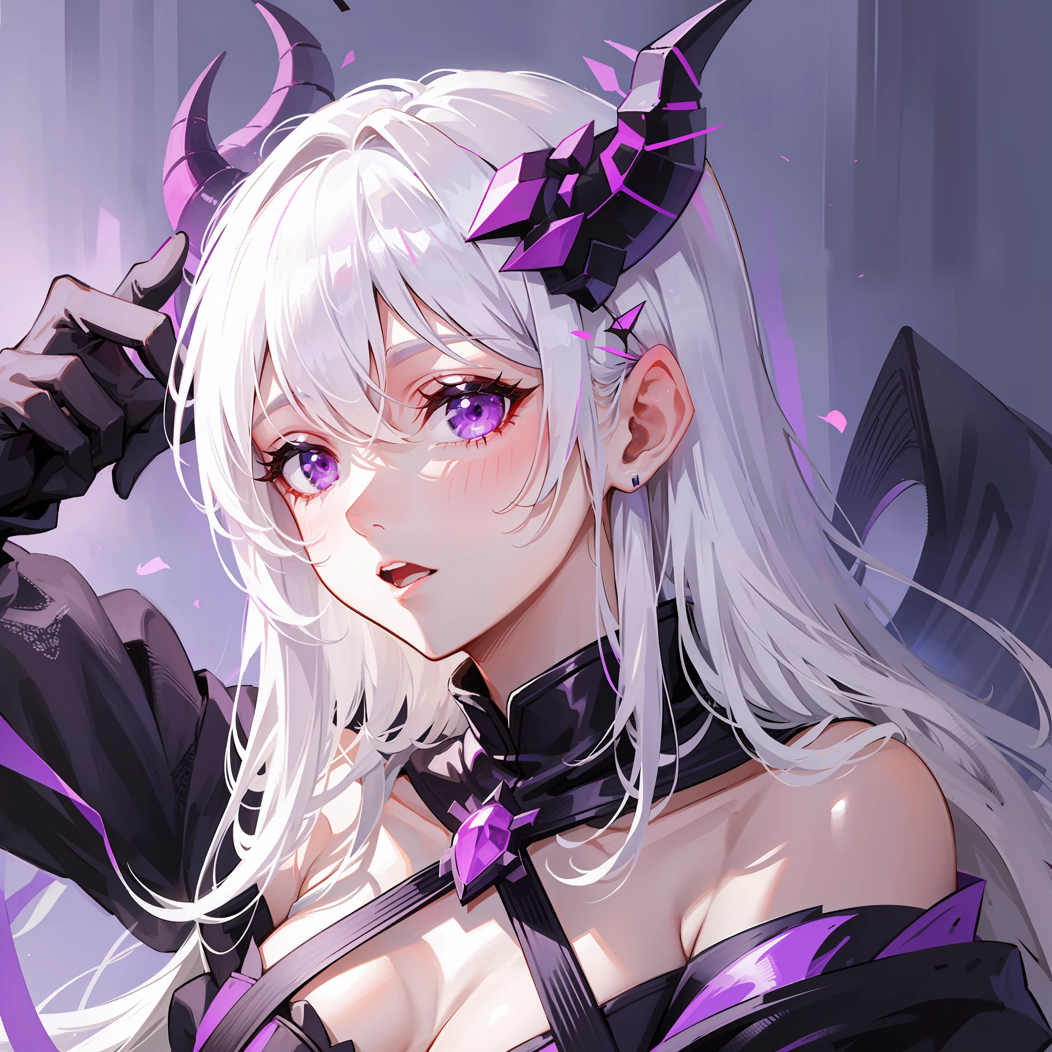 Girl with dragon horns, white hair, purple eyes, black dress