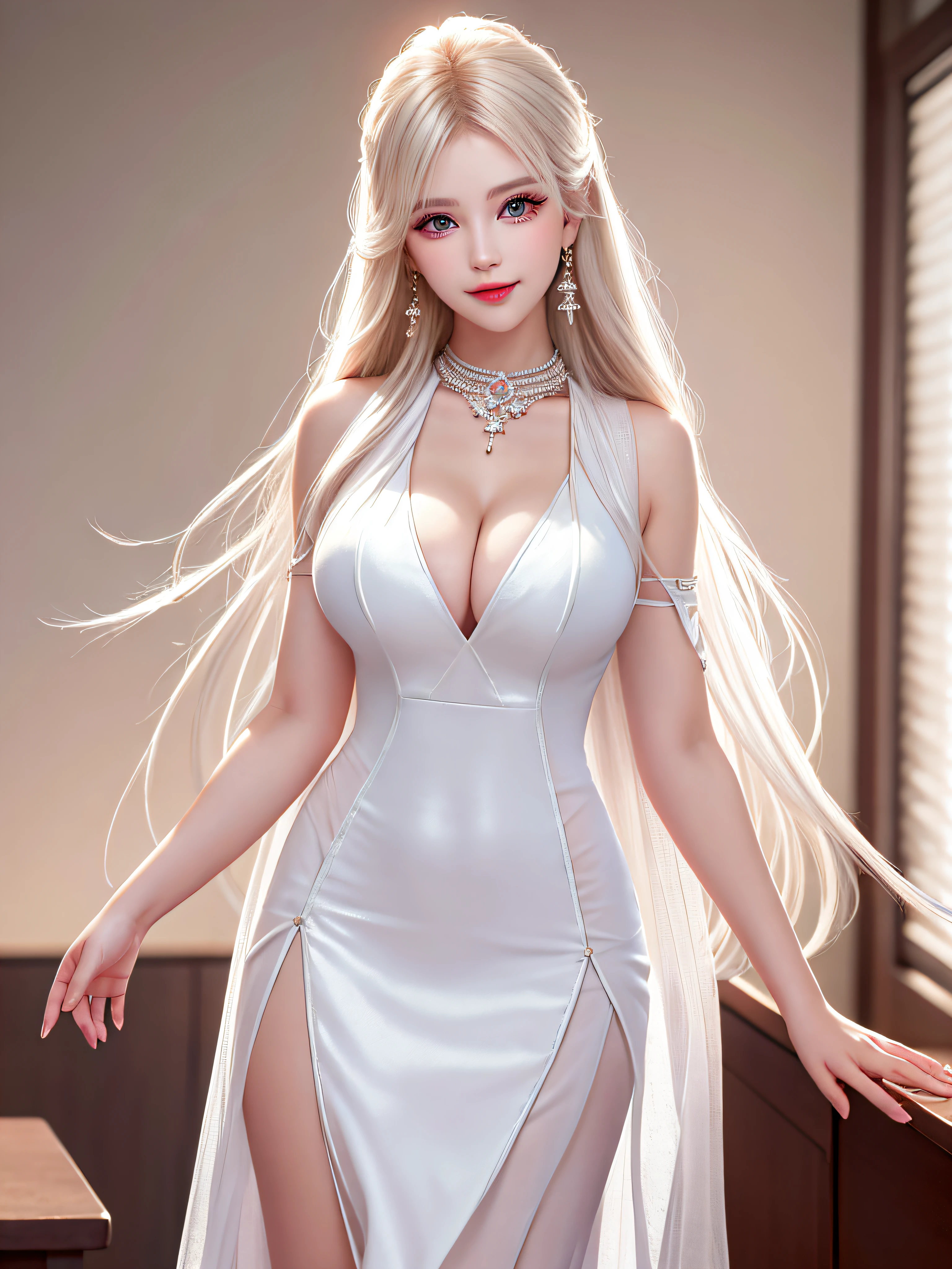 Female teacher standing in the classroom v6, necklace, earrings, full body v6, long white hair, translucent clothes, visible, superb, ultra-high-definition, RAW photo, realism: 1.25), (bright lip gloss, long eyelashes, smooth face, light skin, natural shadows, wide light, wide light, depth of field, strong colors, subtle caustics: 0.8), smile, (big tits), v6