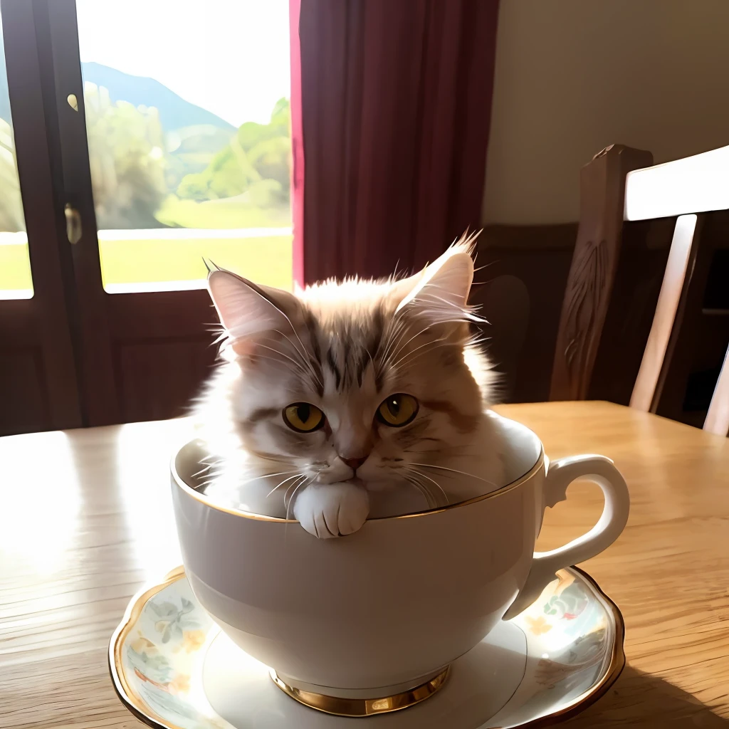 Cat, (Himalayan), (Small)))), in a teacup, Face, Front paws out, 8K, Professional photo, Delicate, Clear, On the table, Inside the house, Sunshine, Light Leak, Masterpiece, ((Pretty))), Fashionable Teacup, (Reality), Plush Toy, Round Pupils
