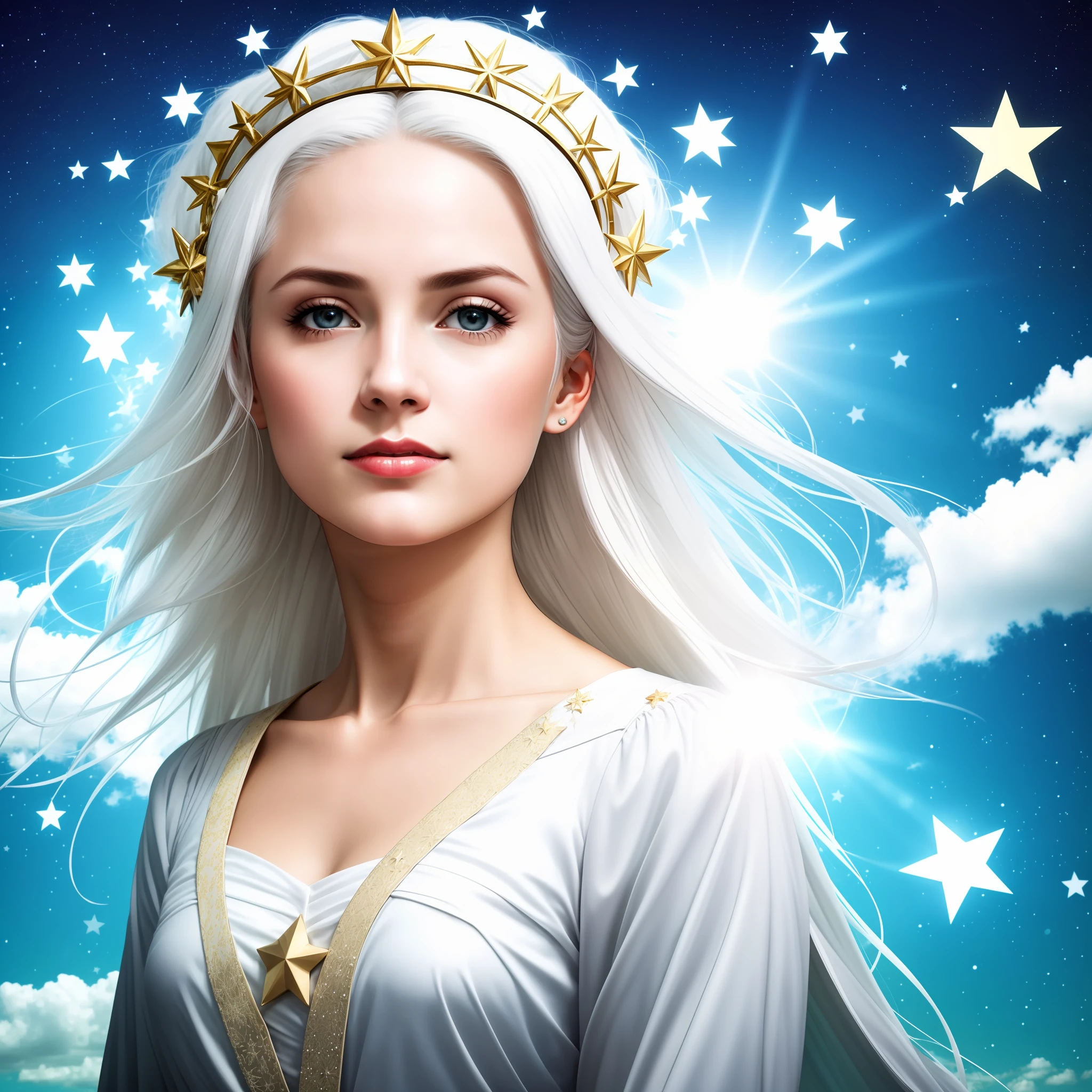 Woman dressed in sun, white hair, crown of 12 stars