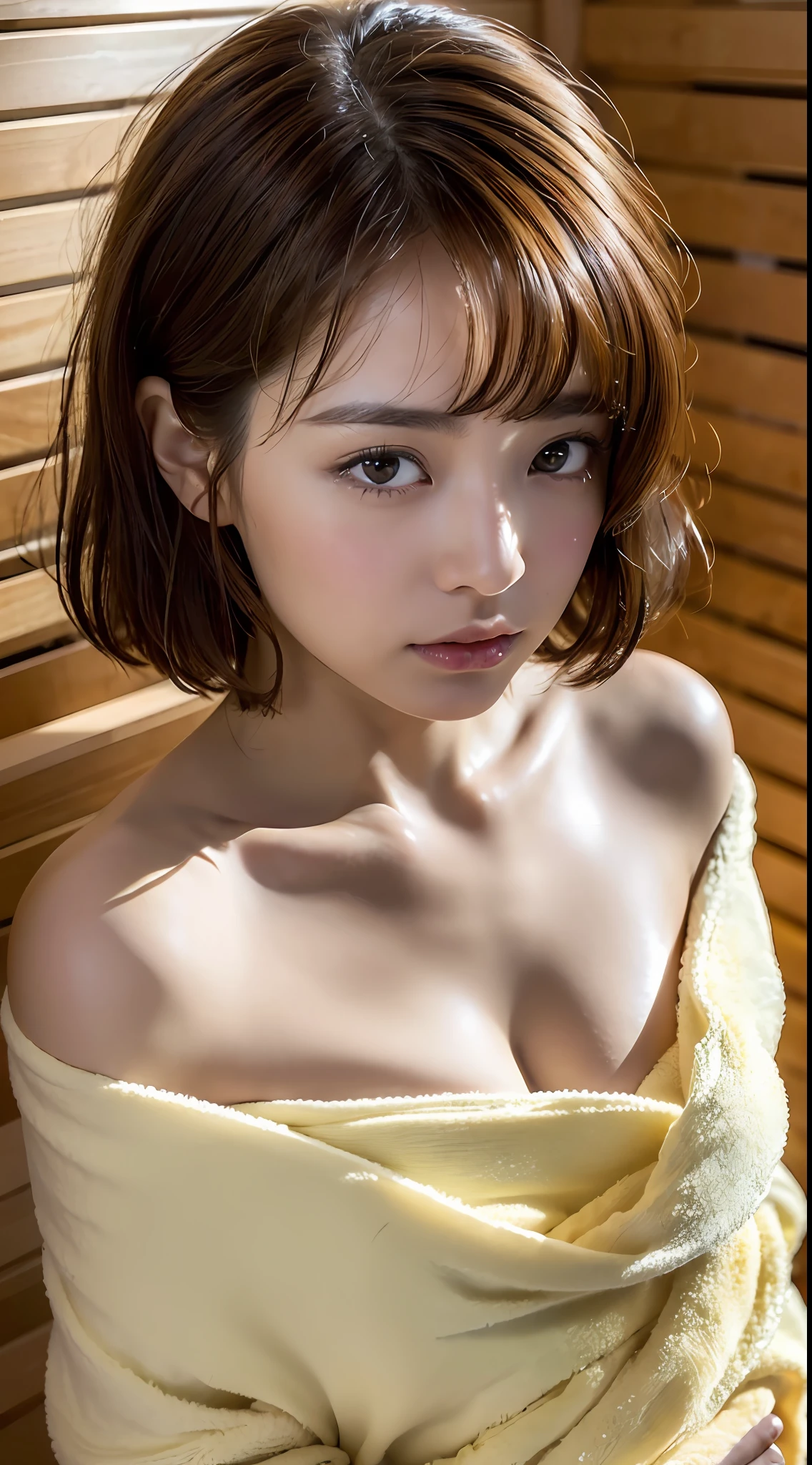 ((top quality, 8k, masterpiece: 1.3)), women (wrap bath towels around the body, inside_sauna: 1.3), in the sauna room, sweating, reddish warm room, overhead camera, sharp focus: 1.2, cute women: 1.4, (((layered haircut)), (white shirts), highly detailed face and skin and hair texture, detailed eyes, double eyelids, white skin, Beautiful legs, beautiful delicate nose, brown hair, cute young Japan woman, 28 years old, with bath towel wrapped around her body, at dynamic angles, characterized by a contrasting mix of calm tones and light and shadow, while exuding melancholy emotions, while emphasizing the subject's hair, eyes, mouth and action, it is a composition pleasing to the eye and suggestive.