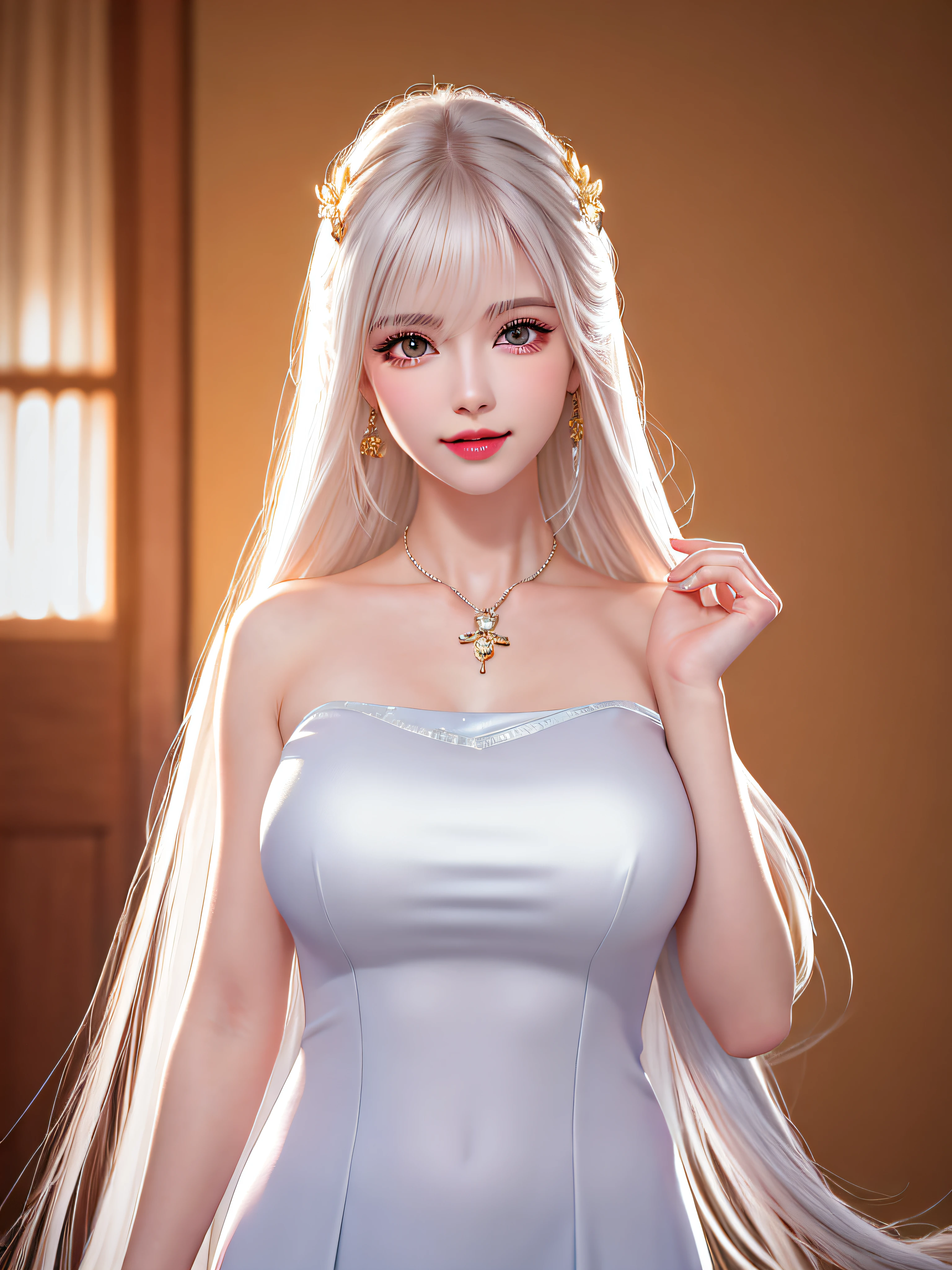 Female teacher standing in the classroom v6, necklace, earrings, full body v6, long white hair, translucent clothes, visible, superb, ultra-high-definition, RAW photo, realism: 1.25), (bright lip gloss, long eyelashes, smooth face, light skin, natural shadows, wide light, wide light, depth of field, strong colors, subtle caustics: 0.8), smile, (big tits), v6