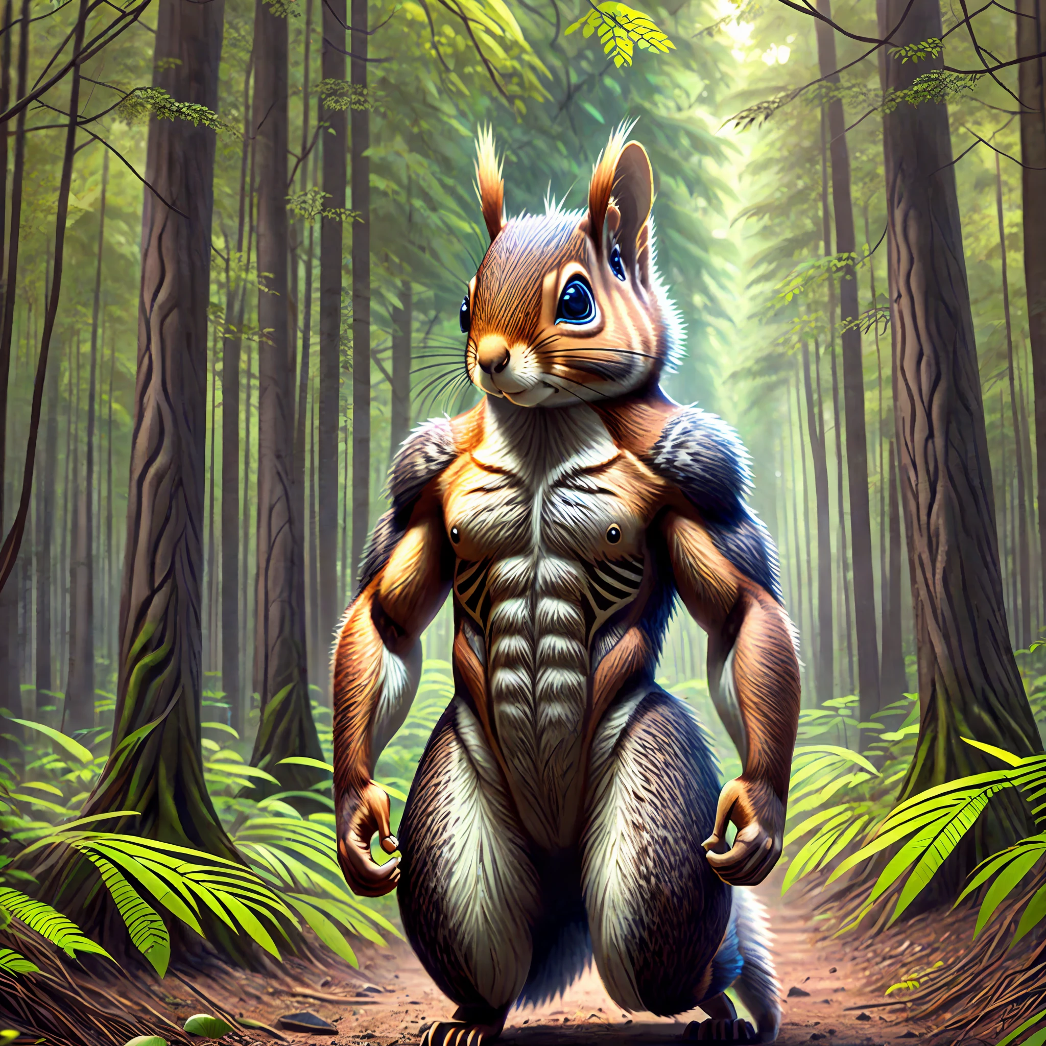A squirrel with a human body, fierce and muscular, standing in a forest setting --auto --s2