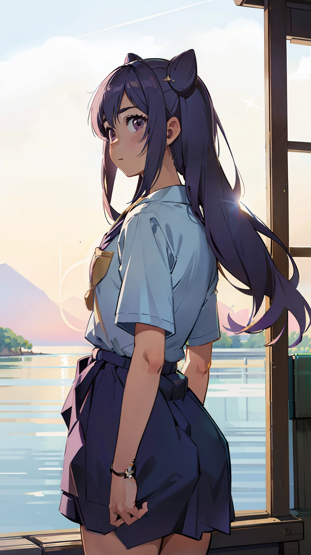 1 girl, standing facing back viewer, starring at the sky, blue sky, perfect sky condition, kimi no nawa sky, sunset sky, detailed japanese high school uniform, detailed sky, a little bit star