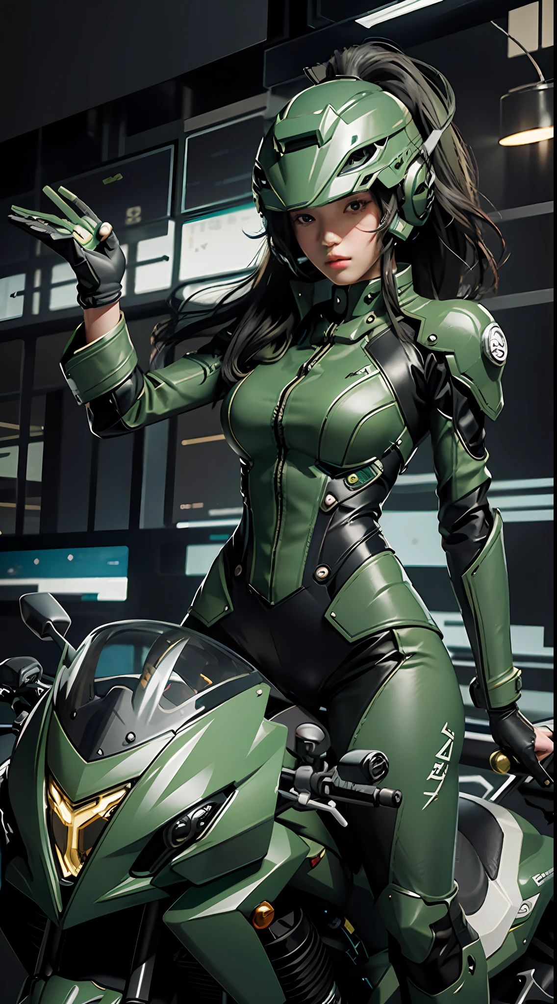 Highest image quality, outstanding details, ultra-high resolution, (realism: 1.4), the best illustration, favor details, highly condensed 1girl, with a delicate and beautiful face, dressed in a black and green mecha, wearing a mecha helmet, holding a directional controller, riding on a motorcycle, the background is a high-tech lighting scene of the future city.