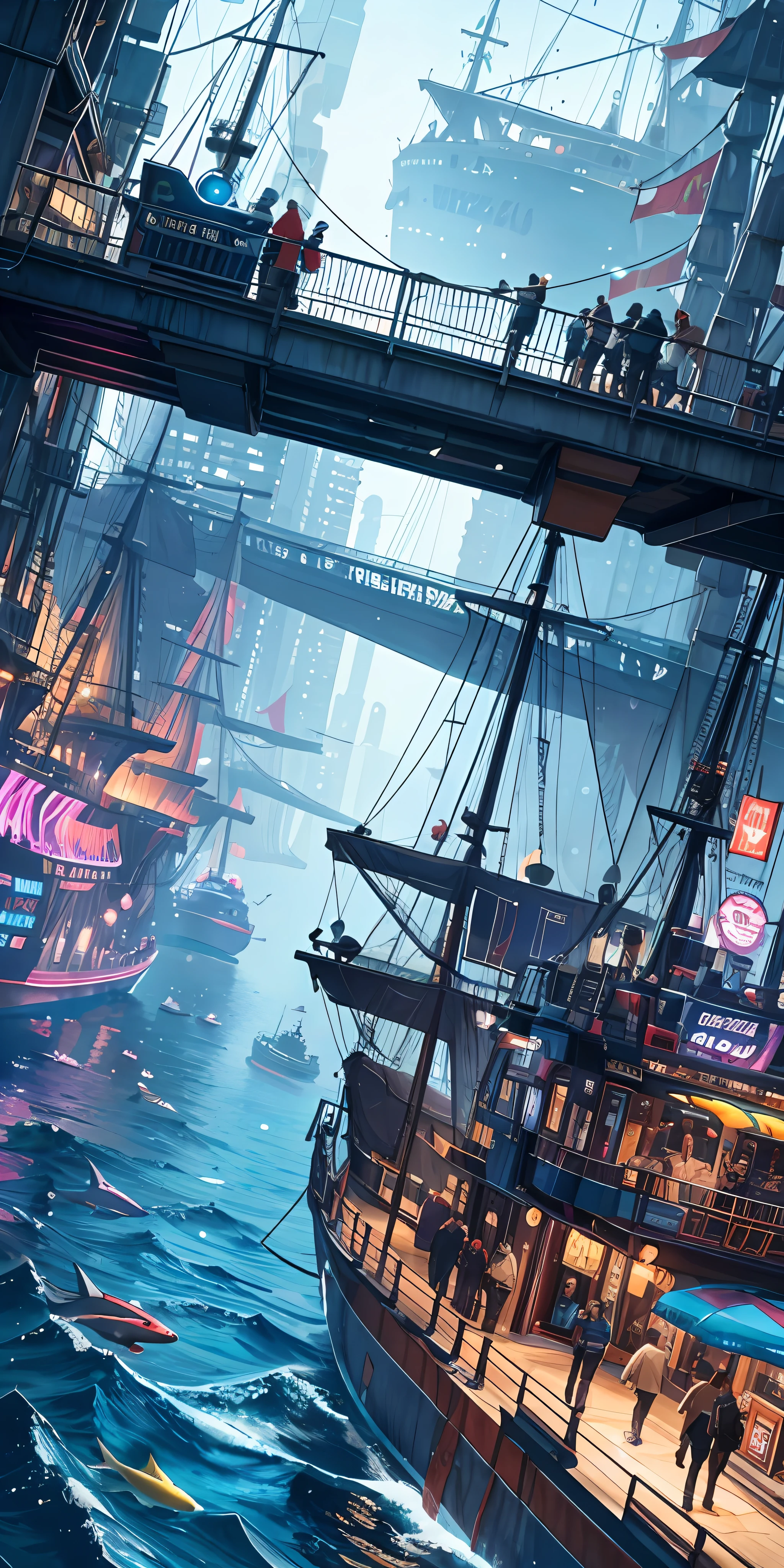 A ship sailing in the deep sea, the ship is made up of many cities and colorful signature groups
There are all kinds of fish swimming around. Colorful cyberpunk 2077