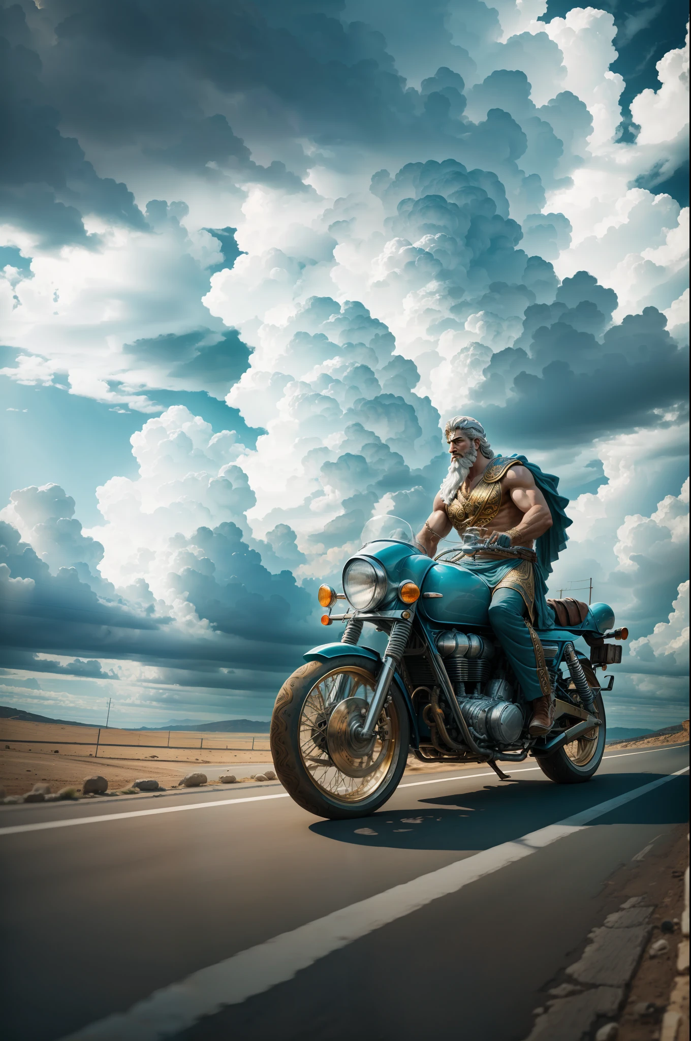 zeus greek god, wearing period clothes, riding a motorcycle on the road, the sky is thundering loudly, 64k, detailed, high definicion, ultra resolution, Fujifilm XT3, realistic, --auto --s2