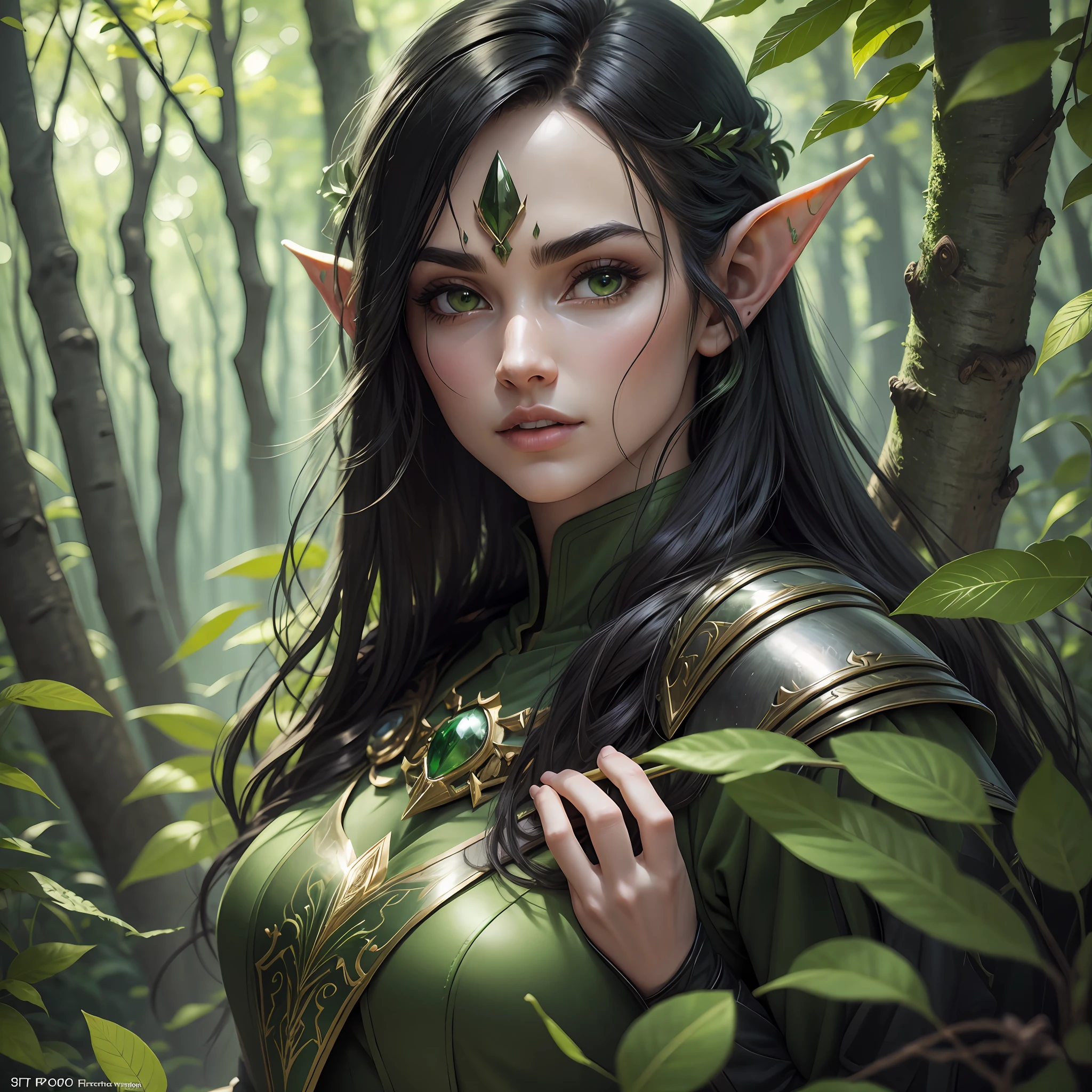 beautiful forest elf, pretty face, nice body, black hair, wearing armor, green cape, in a forest, 8k, extremely detailed, ultra realistic --auto --s2