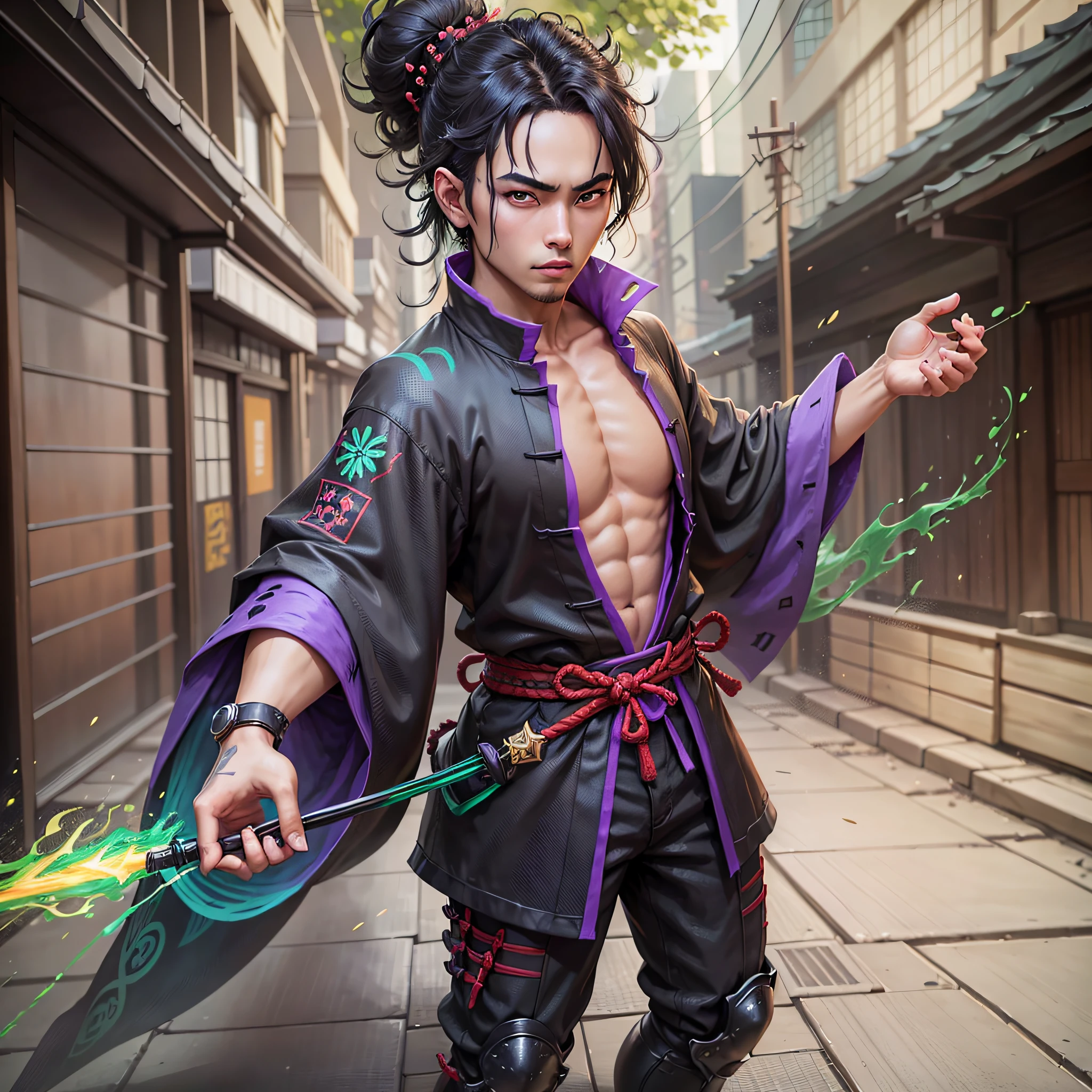 young boy, anime, black hair, samurai, black kimono with green detales, full body, 3d model, render, anime cel shading, blander, unreal engine 5, cartoon, fullbody, vibrant colors, league of legends splash art style, fire vfx green and purple, strong colors, saturation, vibrant, black background, boy, hair stuck with samurai bun and two locks of bangs --auto --s2