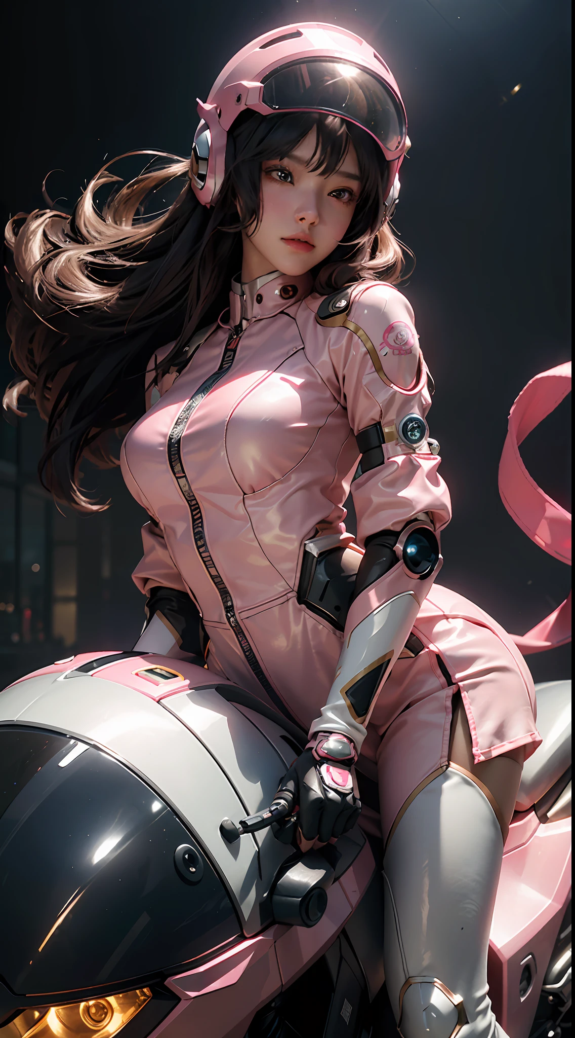 Highest image quality, outstanding detail, ultra-high resolution, (fidelity: 1.4), the best illustration, favor details, highly condensed 1girl, with a delicate and beautiful face, dressed in pink mecha, wearing a mecha helmet, holding a direction controller, riding on a motorcycle, the background is a high-tech lighting scene of the future city.