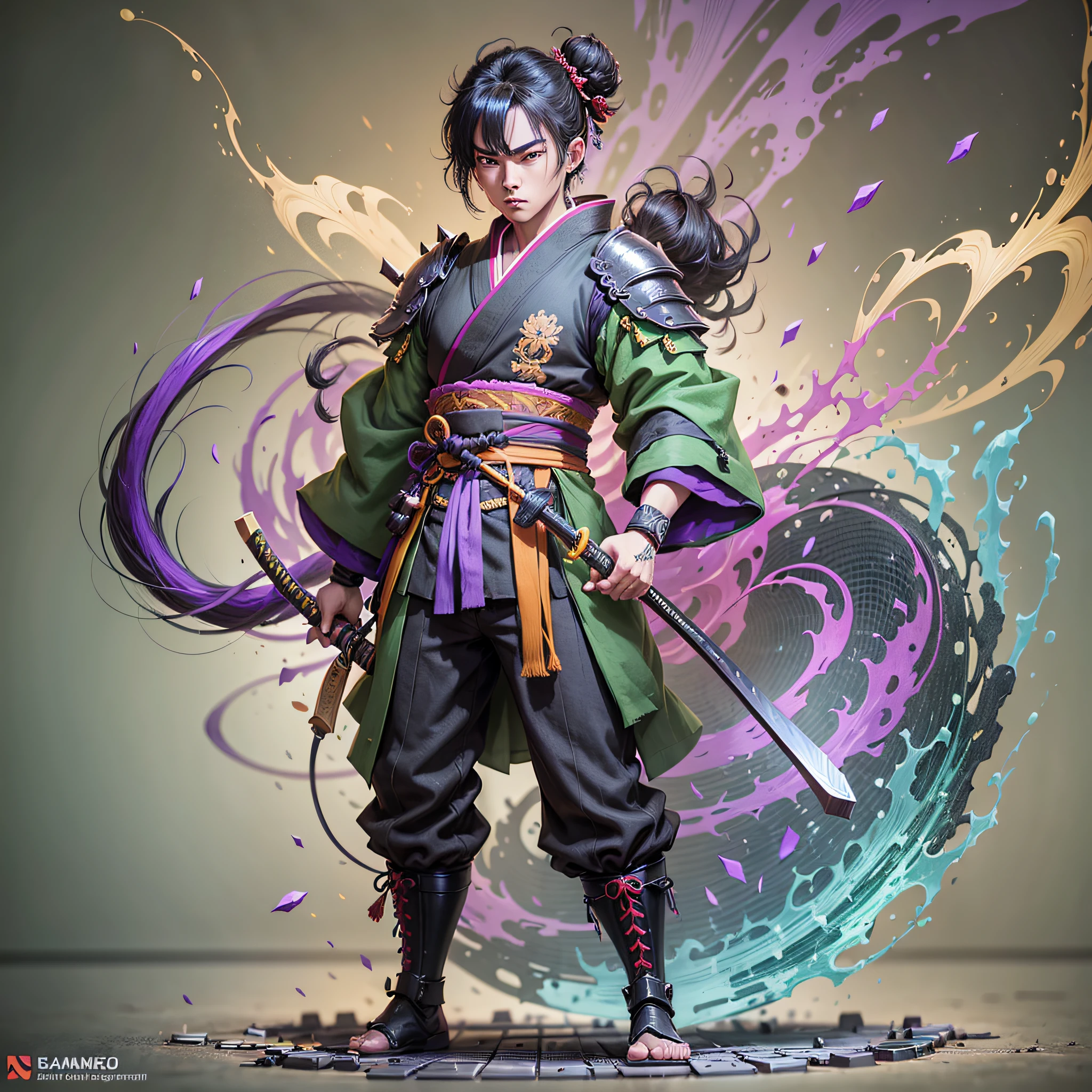 young boy, anime, black hair, samurai, black kimono with green detales, full body, 3d model, render, anime cel shading, blander, unreal engine 5, cartoon, fullbody, vibrant colors, league of legends splash art style, fire vfx green and purple, strong colors, saturation, vibrant, black background, boy, hair stuck with samurai bun and two locks of bangs --auto --s2