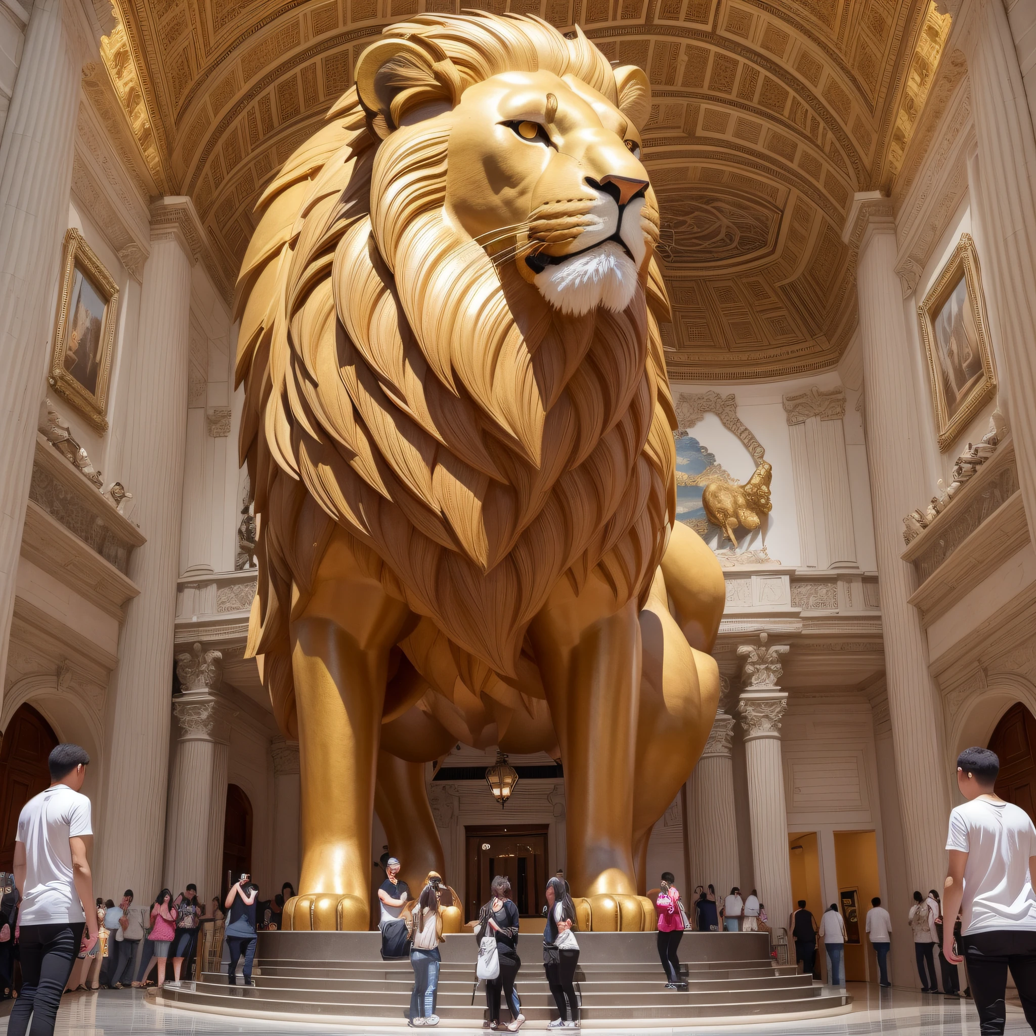 Big hall, lion statue in the center, people taking pictures in front of lion statue, many shops around, people coming and going, name tags hanging from necks, summer, high ceiling, wide