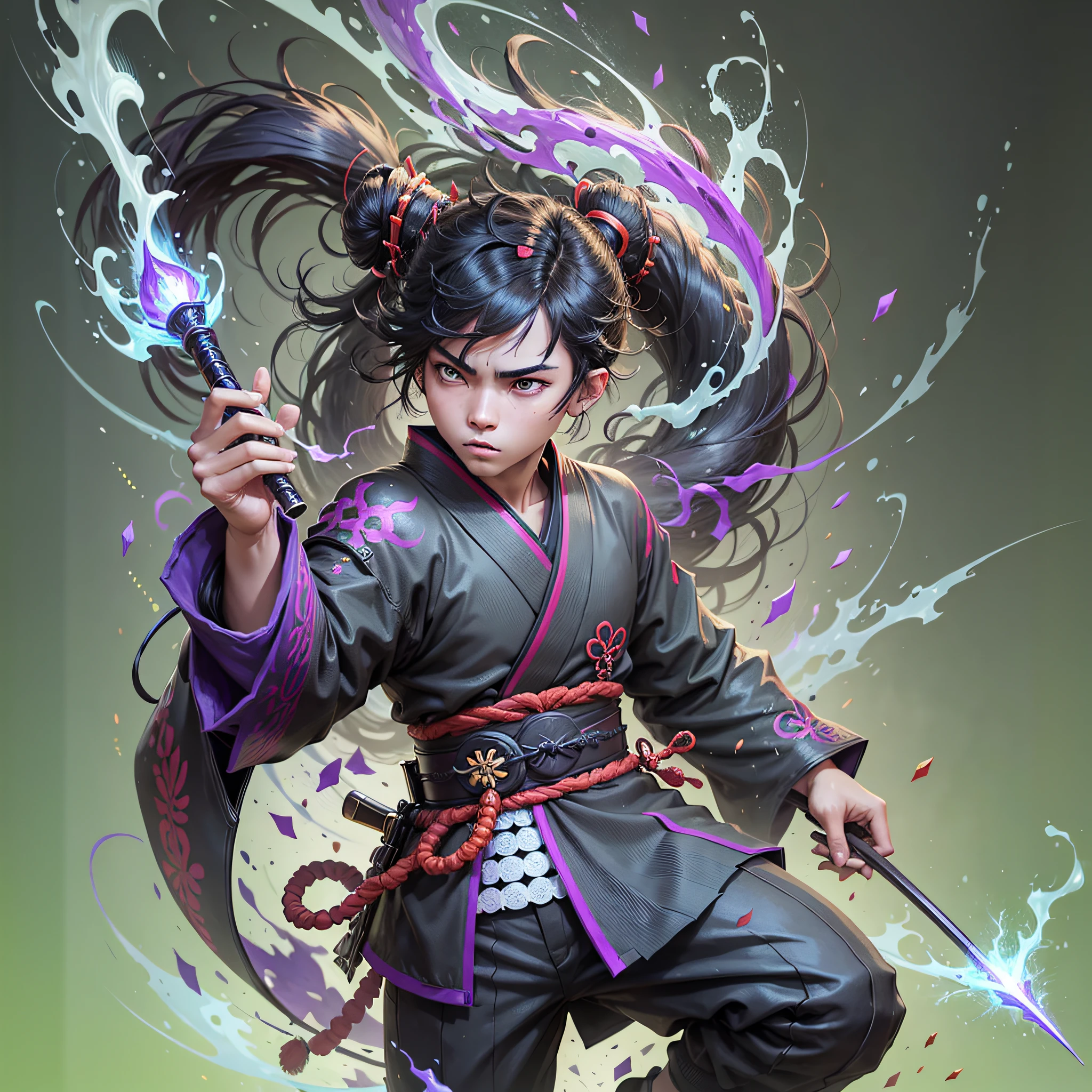 young boy, anime, black hair, samurai, black kimono with green detales, full body, 3d model, render, anime cel shading, blander, unreal engine 5, cartoon, fullbody, vibrant colors, league of legends splash art style, fire vfx green and purple, strong colors, saturation, vibrant, black background, boy, hair stuck with samurai bun and two locks of bangs --auto --s2