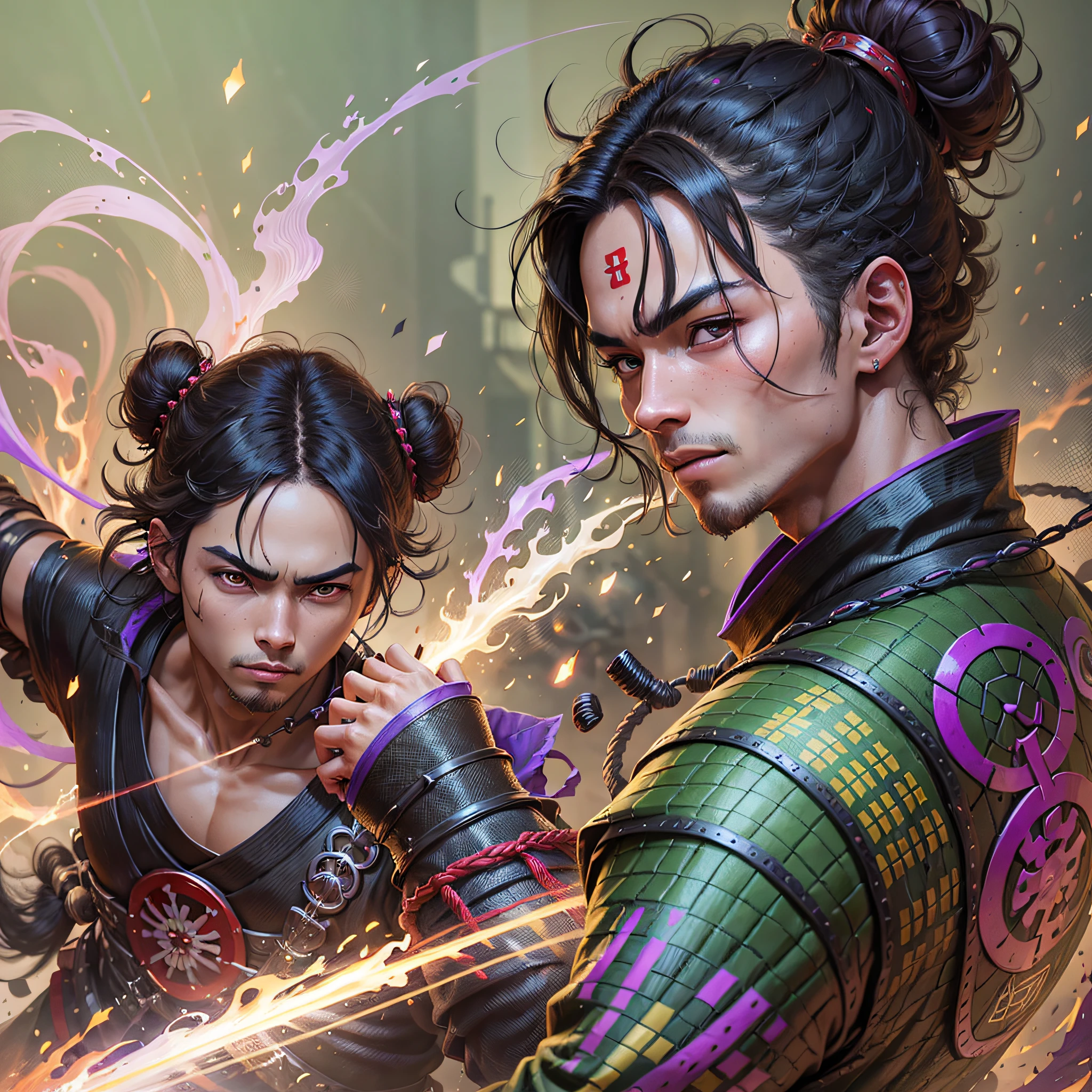 young boy, anime, black hair, samurai, black kimono with green detales, full body, 3d model, render, anime cel shading, blander, unreal engine 5, cartoon, fullbody, vibrant colors, league of legends splash art style, fire vfx green and purple, strong colors, saturation, vibrant, black background, boy, hair stuck with samurai bun and two locks of bangs --auto --s2