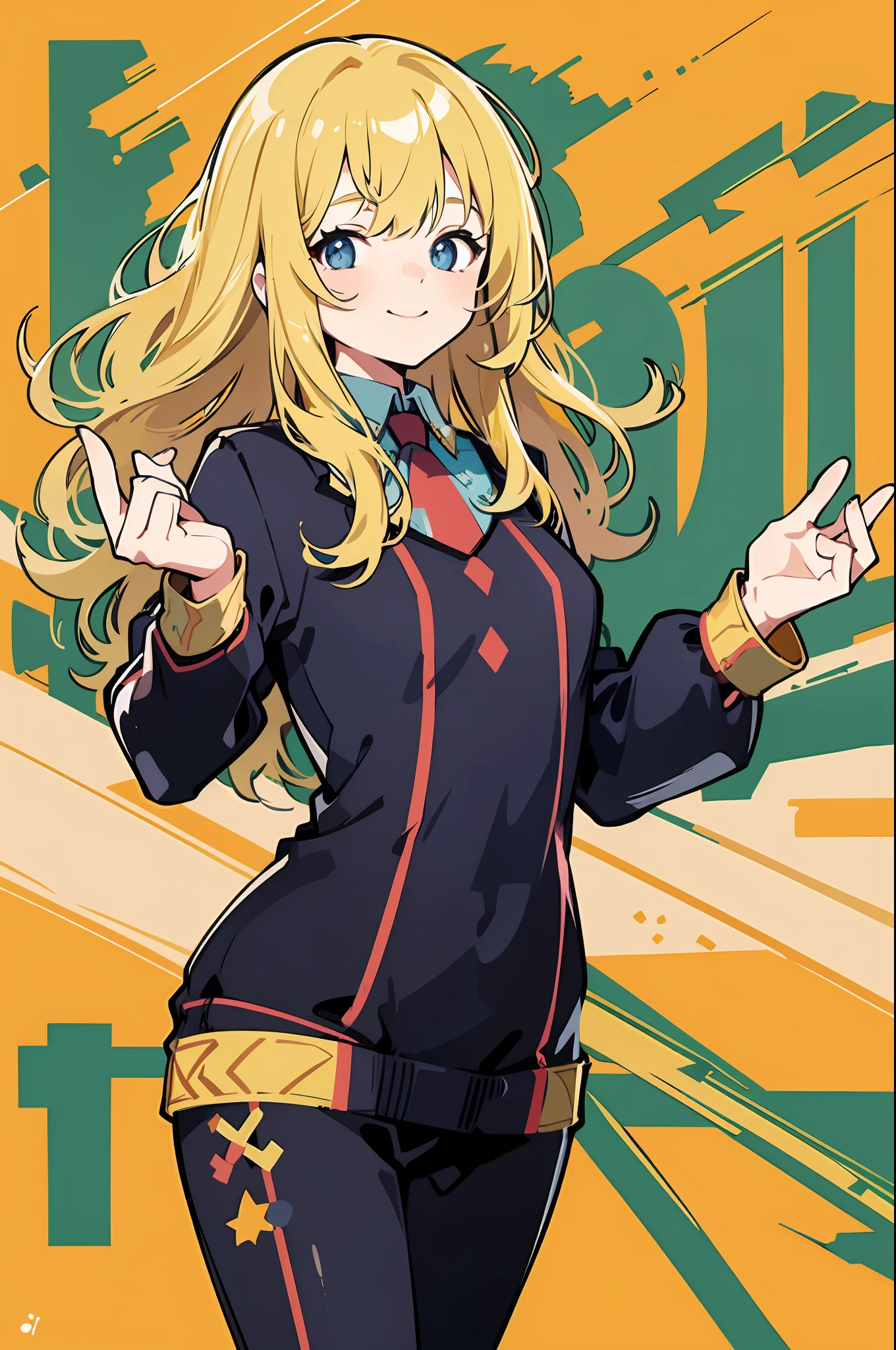 1girl, blonde hair, stand with hand open, body, smile, cozy