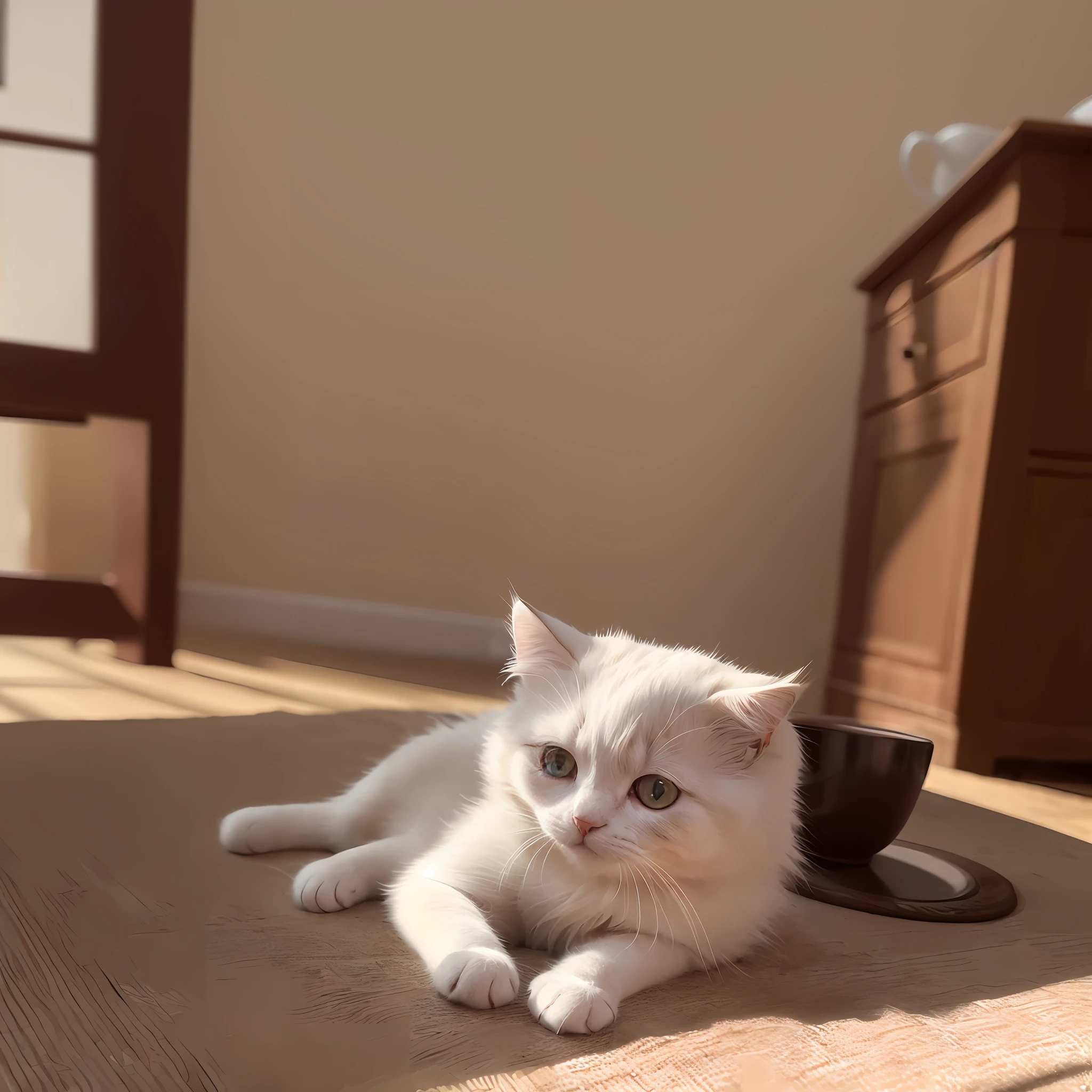 Cat, (Himalayan), (Small)))), in a teacup, Face, Front paws out, 8K, Professional photo, Delicate, Clear, On the table, Inside the house, Sunshine, Light Leak, Masterpiece, ((Pretty))), Fashionable Teacup, (Reality), Plush Toy, Round Pupils