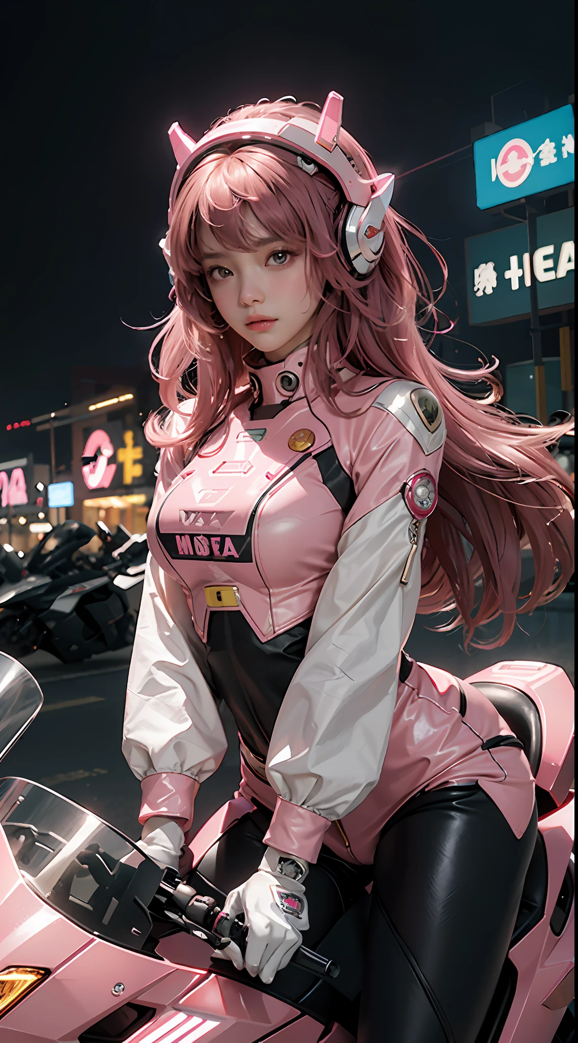 Highest quality, outstanding detail, ultra-high resolution, (fidelity: 1.4), best illustration, favor details, highly condensed 1girl, with a delicate and beautiful face, wearing a pink mecha, wearing a mecha helmet, holding a direction controller, riding on a motorcycle, the background is a high-tech neon scene of the future city.