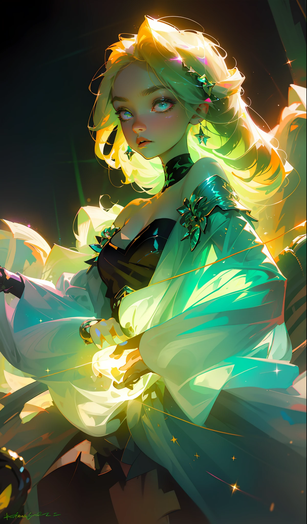 Masterpiece, best quality, super high resolution, fluorescent color,
1 girl, looking at the audience, beautiful face, beautiful eyes, (off-the-shoulder: 1.2), head up, upper body, forest, shiny hair, shiny skin, glowing cut, chibi, finger scale coordination, black starlight dress, particles