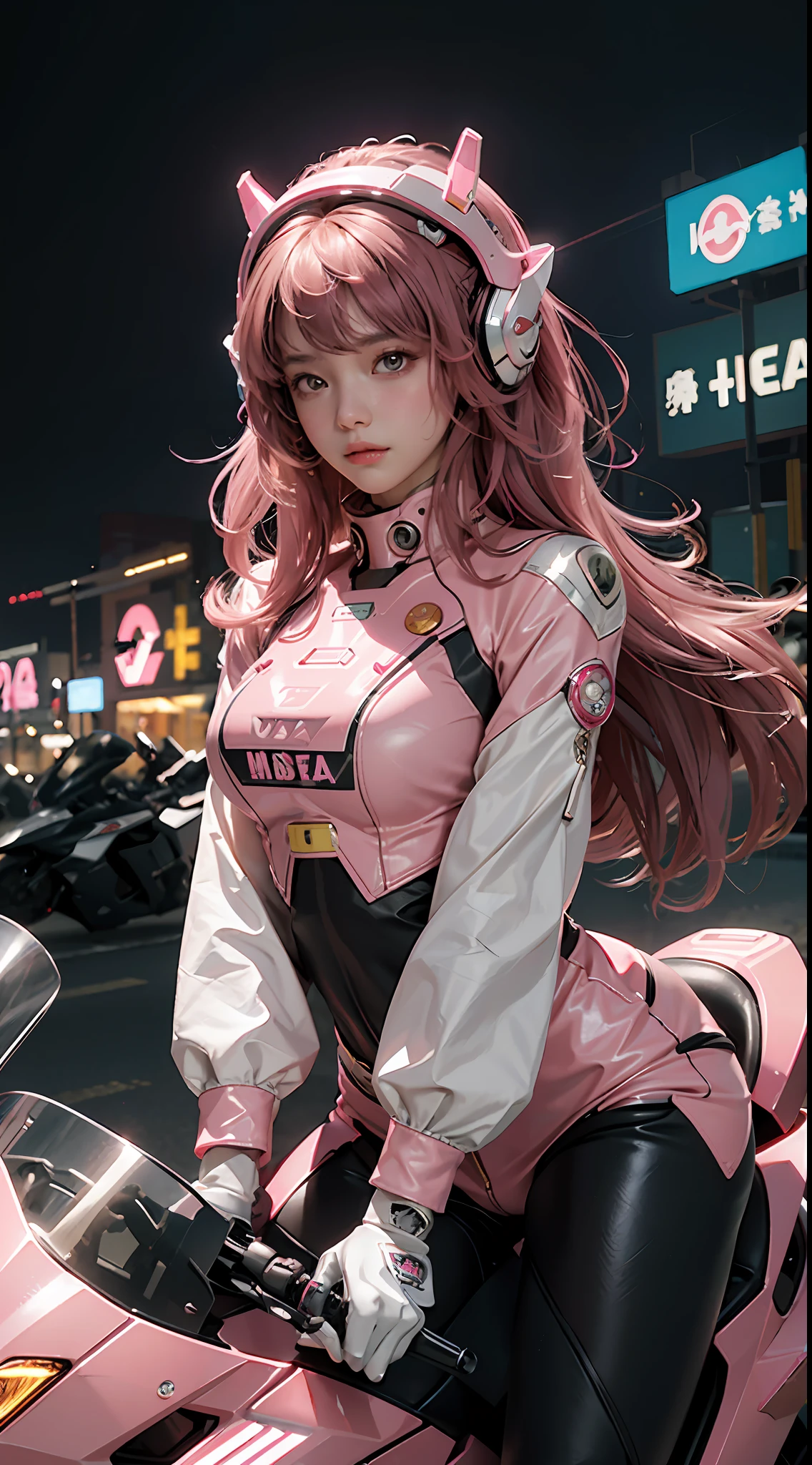 Highest quality, outstanding detail, ultra-high resolution, (fidelity: 1.4), best illustration, favor details, highly condensed 1girl, with a delicate and beautiful face, wearing a pink mecha, wearing a mecha helmet, holding a direction controller, riding on a motorcycle, the background is a high-tech neon scene of the future city.