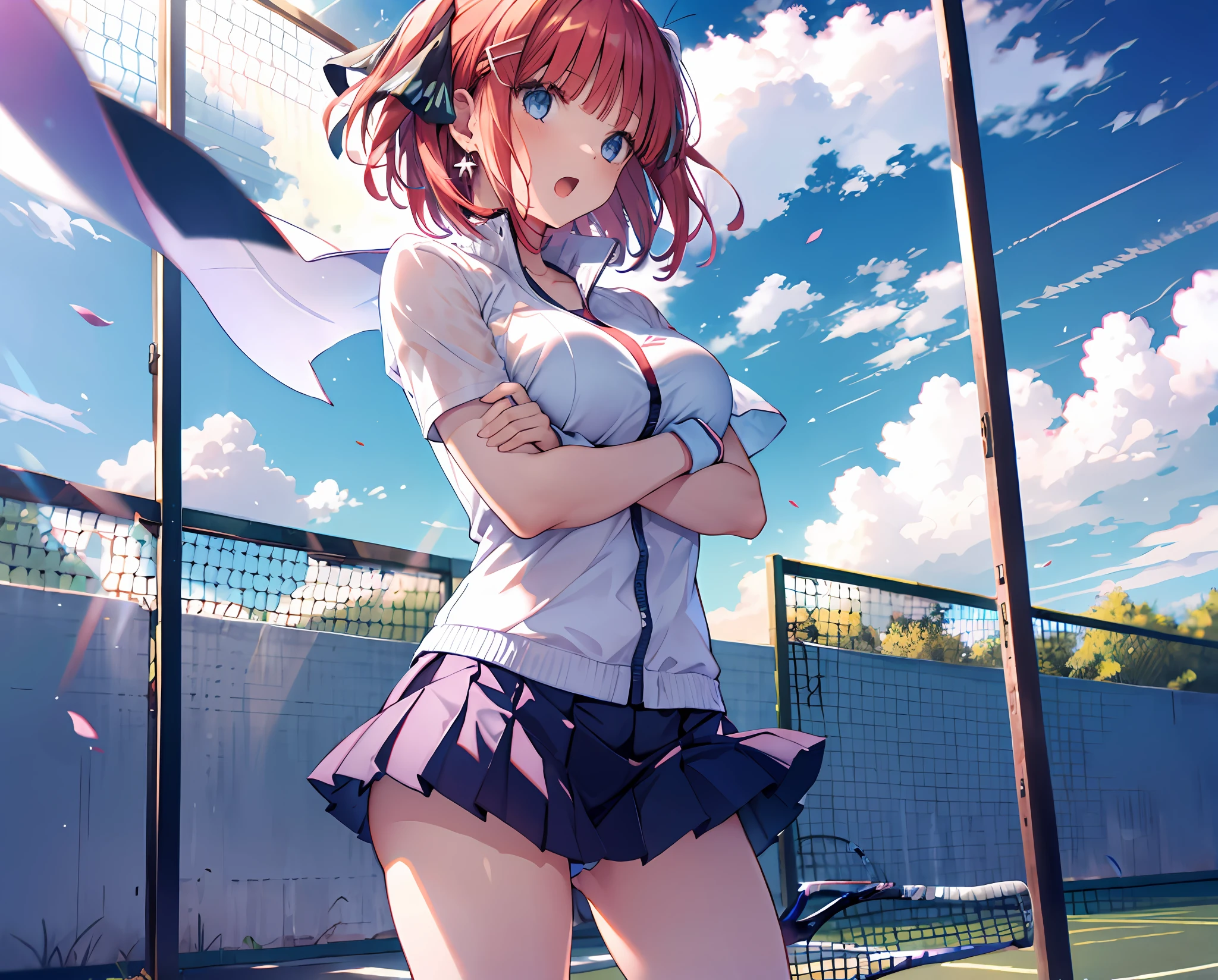 absurdres, highres,
BREAK
looking at viewer, cowboy shot, (from front:1.5)
BREAK
(vivid-color:1.3)
BREAK
(one girl:1.3), (loli:1.2),red hair, blue eyes, tennis uniform, hairclip, earrings, jewelry, nm1, hair ribbon, short hair, tennis cosplay, (pleated super short skirt:1.4), (thighs:1.3), (large ass:1.3), large breasts, (provocative face:1.3), open mouth, (folding one's arms:1.3), (breast:1.3), ass, round eyes, (blowing in the wind:0.5), sweat around girl, dripping sweat, squall (wind:1.2), sense of speed, refreshing breeze, motion blur effect, wind, (no pants visible:1.4)
BREAK
background is (tennis court:1.3), (Stand in the center of the screen:1.3), (10,000 people spectators:1.3), multiple people behind you, blue sky with clouds, outdoors, (magnificent panorama view:1.2), wind
BREAK
sunlight, magnificent view, rainbow in the sky, light particles, dynamic angle, dutch angle, perspective
BREAK
(daytime, sunbeam:1.2), depth of field, bokeh, light leaks, (chromatic aberration:1.2), noon
BREAK