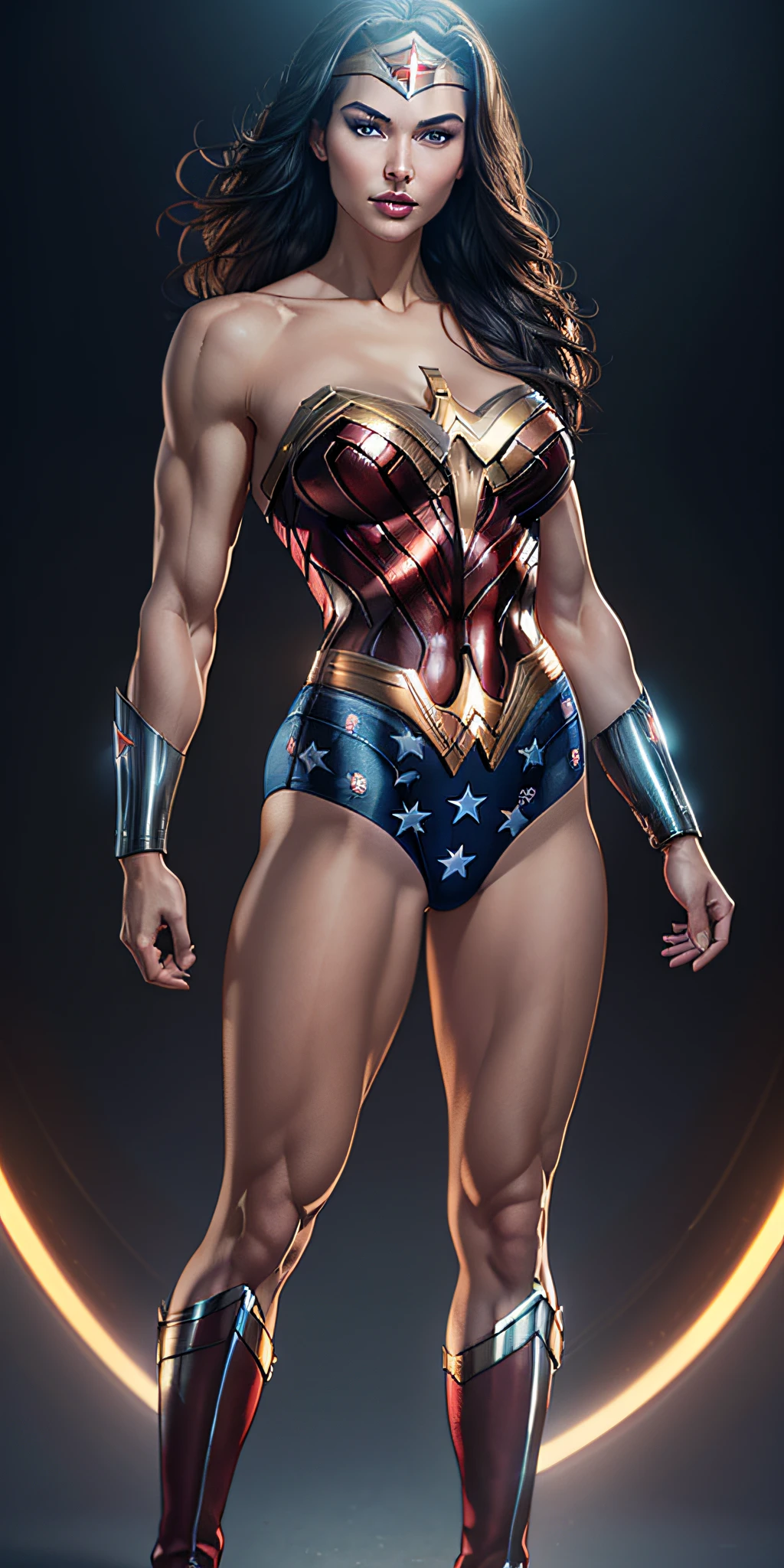 Wonder Woman, vhs effect, nostalgia, full body, Wonder Woman, (Intricate details, makeup), (Delicate and beautiful delicate face, delicate and beautiful delicate eyes, perfectly proportioned face), delicate skin, strong and realistic blue eyes, realistic black hair, lips, makeup, natural skin texture, tiara, jewelry, star \(symbol\), leotard, bulletproof gauntlet, Red boots, golden belt, (public clothing: 1.5), bare shoulders, slightly sunburned complexion, mature, sexy, elastic muscles, (muscles: 1.2), ((strong and healthy body)), (((more) muscles))), long legs, curves, (big breasts: 1.3), cleavage, thin waist, soft waist, (delicate skin), (beautiful and sexy woman), (swollen lips: 0.9), (eyelashes: 1.2), very delicate muscles, perfect body, flexing muscles, (skin texture), intricately detailed, fine details, hyperdetailed, raytracing, subsurface scattering, diffused soft lighting, shallow depth of field, by (Oliver Wetter))neon)