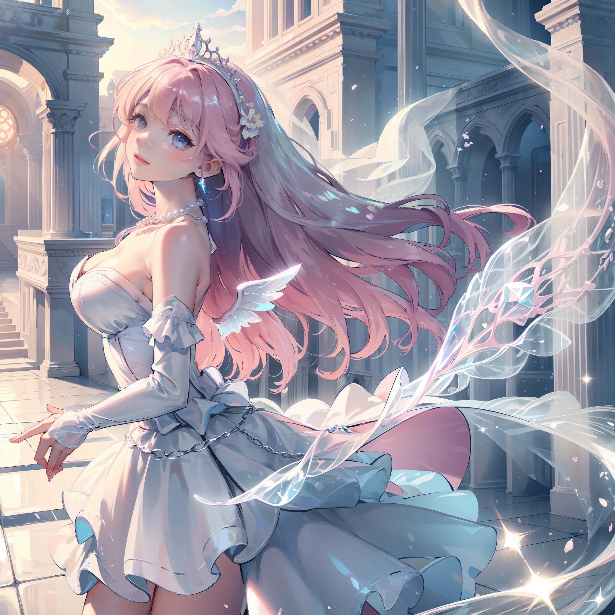 ((Masterpiece)), (((Best Quality)))), ((Super Detail)), ((Illustration)), Fine Detail, Super Detail CG Unified 8k, Hi-Res, {Beautiful Detail Eyes}, Fine Detail, Beautiful Detail Eyes, anine illustration, Masterpiece, Best Quality, Beautiful Face, Shining Eyes, Front Light, Look at the Viewer, 1girl, Smile, Happy, Blissful, Delicately decorated accessories necklace, front view, (((gradient, pink, light blue)), wearing a white off-shoulder wedding dress with delicate lace and pearl decoration in the shape of a flower, standing on the church steps, illuminating white shiny skin, posing for photos, light and wings pouring down from the sky , Bright tone, bridal long veil, glittering tiara, double bread, pink long-haired, church,