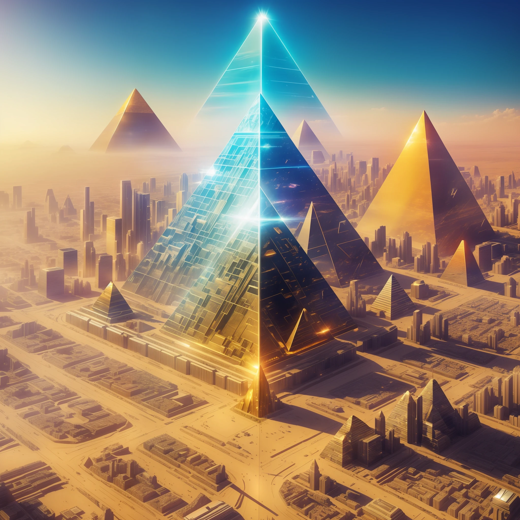 Ultra high definition. A futuristic city built of crystals on an extraterrestrial planet enveloped in golden light. The environment is rich in nature. Emitting a shining iridescent aura, a pyramid sits there.