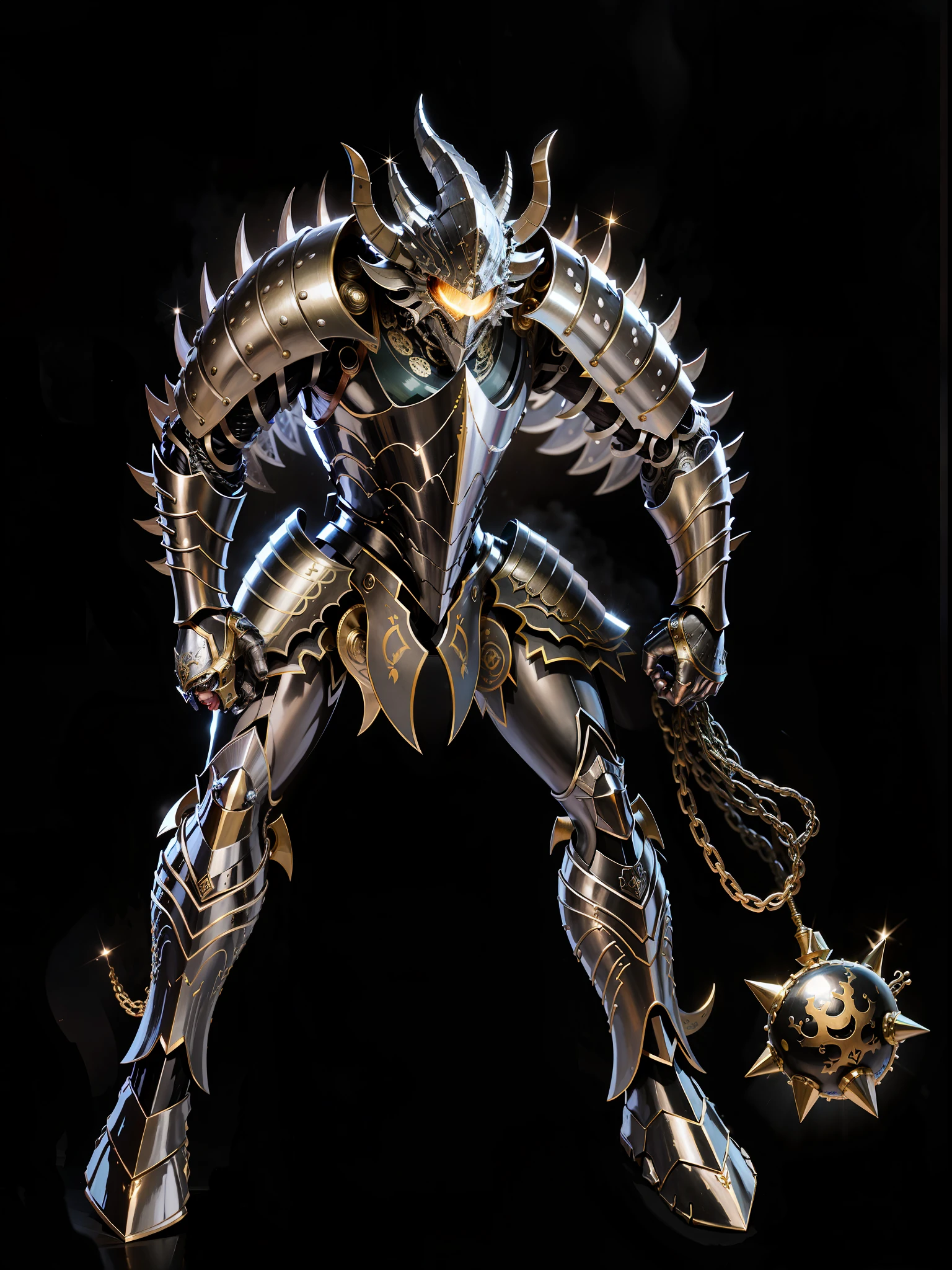 High quality, a man in armor, laughter, retro gorgeous armor, metallic texture, left hand holding a chain ball, 8K, realism, correct anatomy, perfect limbs, perfect fingers, background blur, ray tracing