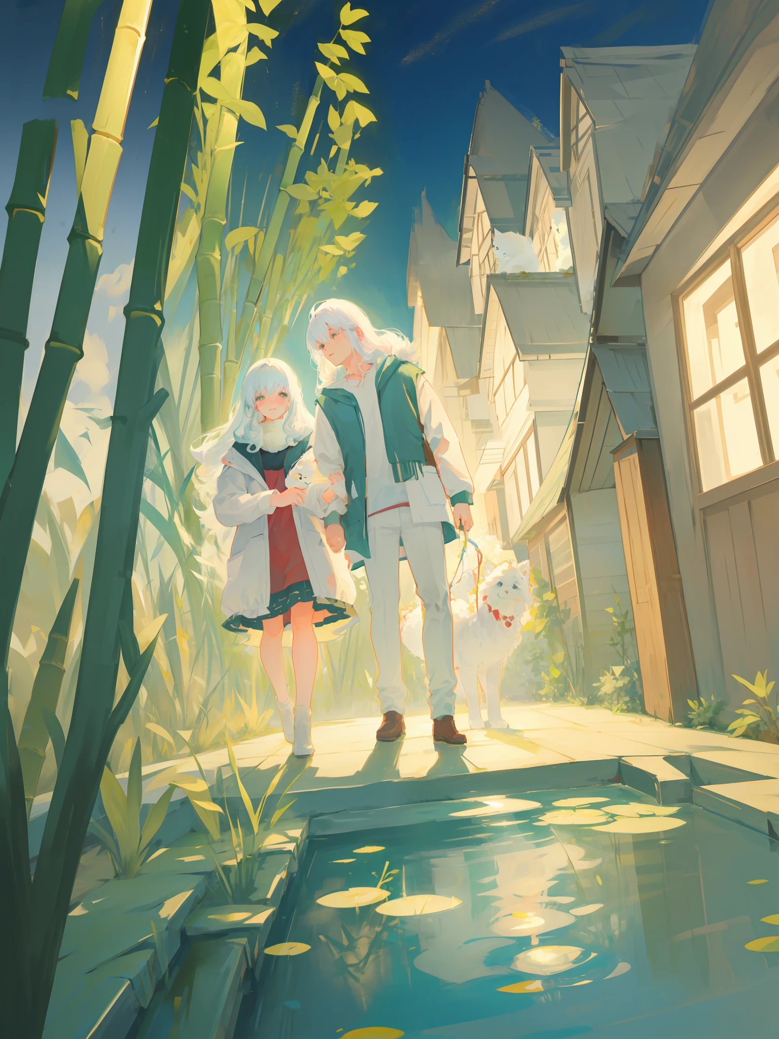 A Samoyed, cute, fluffy, at night, in the yard, in the countryside, bamboo, pond