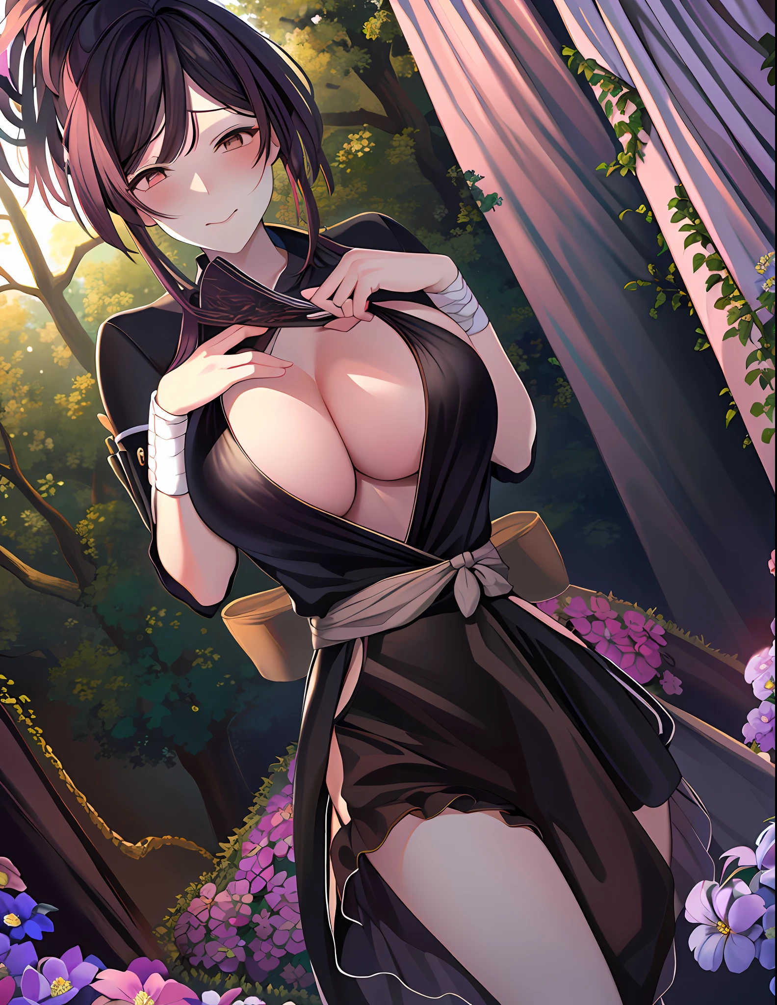 (masterpiece, best quality, high resolution), OfficialOutfit, Kunoichi Clothing, 1girl,  big breasts, standing in fancy flowers, flower forest, foggy, , 1boy, girl on top, cowgirl position, cum,, blush, tear,