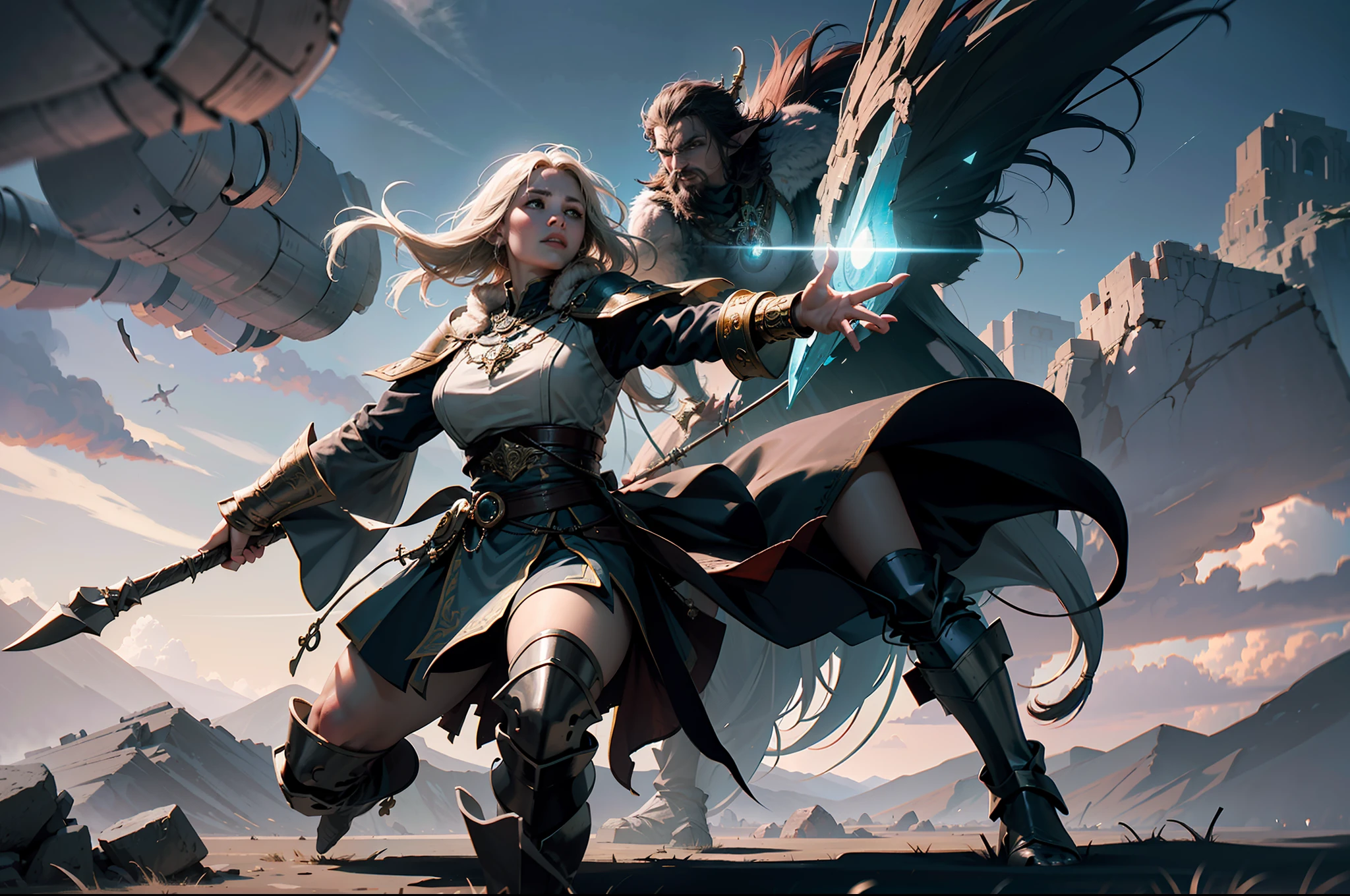 ((Best quality)), ((masterpiece)), (highly detailed:1.3)3D,tanjoreai , Amidst a realm of enchantment and mythical wonders, tales of (heroes:1.1) and (heroines:1.2) unfold. In this realm, ancient prophecies foretell the rise of a chosen champion destined to confront a malevolent force threatening to plunge the world into eternal darkness. The path to victory lies scattered across exotic and otherworldly landscapes, from mist-shrouded forests to towering crystalline peaks and (ethereal floating islands:1.1).Harnessing the arcane arts, (mighty wizards:1.1) conjure spells that weave intricate patterns of magic, while (elven archers:1.1) unleash arrows infused with ancient power. (Dwarven smiths craft legendary weapons:1.1) imbued with the essence of mythical creatures, capable of vanquishing even the most formidable foes.The heroes embark on a perilous quest, guided by ancient scrolls and cryptic riddles. Along their journey, they encounter wise mystics, shape-shifting creatures, and (mysterious sorceresses:1.1) who possess forbidden knowledge.As the heroes traverse the realms, ancient ruins and forgotten temples reveal long-lost secrets and powerful artifacts. The clash of steel and the crackling of (magical energies:1.1) echo through ancient battlegrounds, as the destiny of the world hangs in the balance. The heroes must summon unwavering courage, unwavering unity, and unlock their true potential to overcome seemingly insurmountable odds and fulfill their heroic destinies.In this realm of high fantasy, where the realms of magic and technology intertwine, where legends are born and (epic:1.2) sagas unfold, where heroes rise and villains fall, embark on a grand adventure that will captivate the imagination and transport you to a world where anything is possible,HDR (High Dynamic Range),Ray Tracing,NVIDIA RTX,Super-Resolution,Unreal 5,Subsurface scattering,PBR Texturing,Post-processing,Anisotropic Filtering,Depth-of-field,Maximum clarity and sharpness,Multi-layered textu
