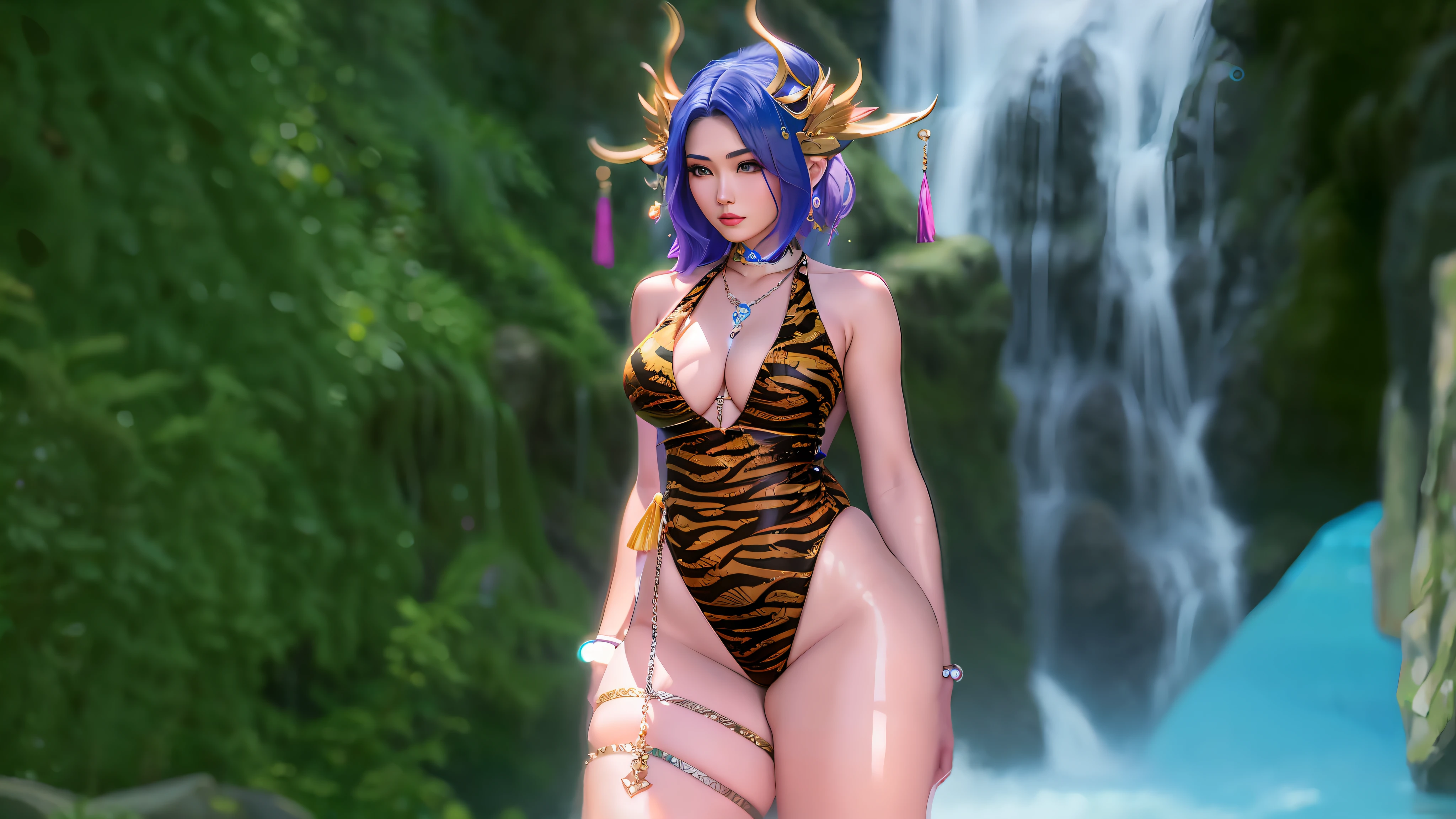 there is a woman in a tiger print swimsuit standing in front of a waterfall, ne zha from smite, is wearing a swimsuit, seraphine ahri kda, full body xianxia, from league of legends, irelia from league of legends, monokini, next to a waterfall, 8k octae render photo
