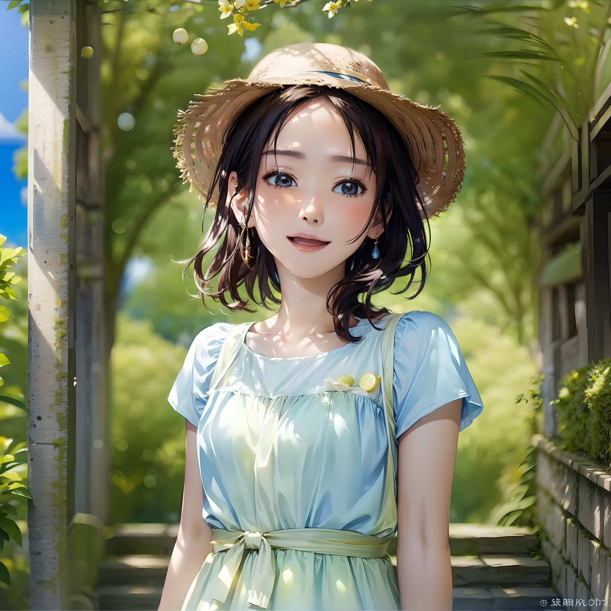 Masterpiece, (1 woman: 1.8) lemon, yellow skin, open mouth, close eyes, summer morning, Ghibli, valley, blue sky