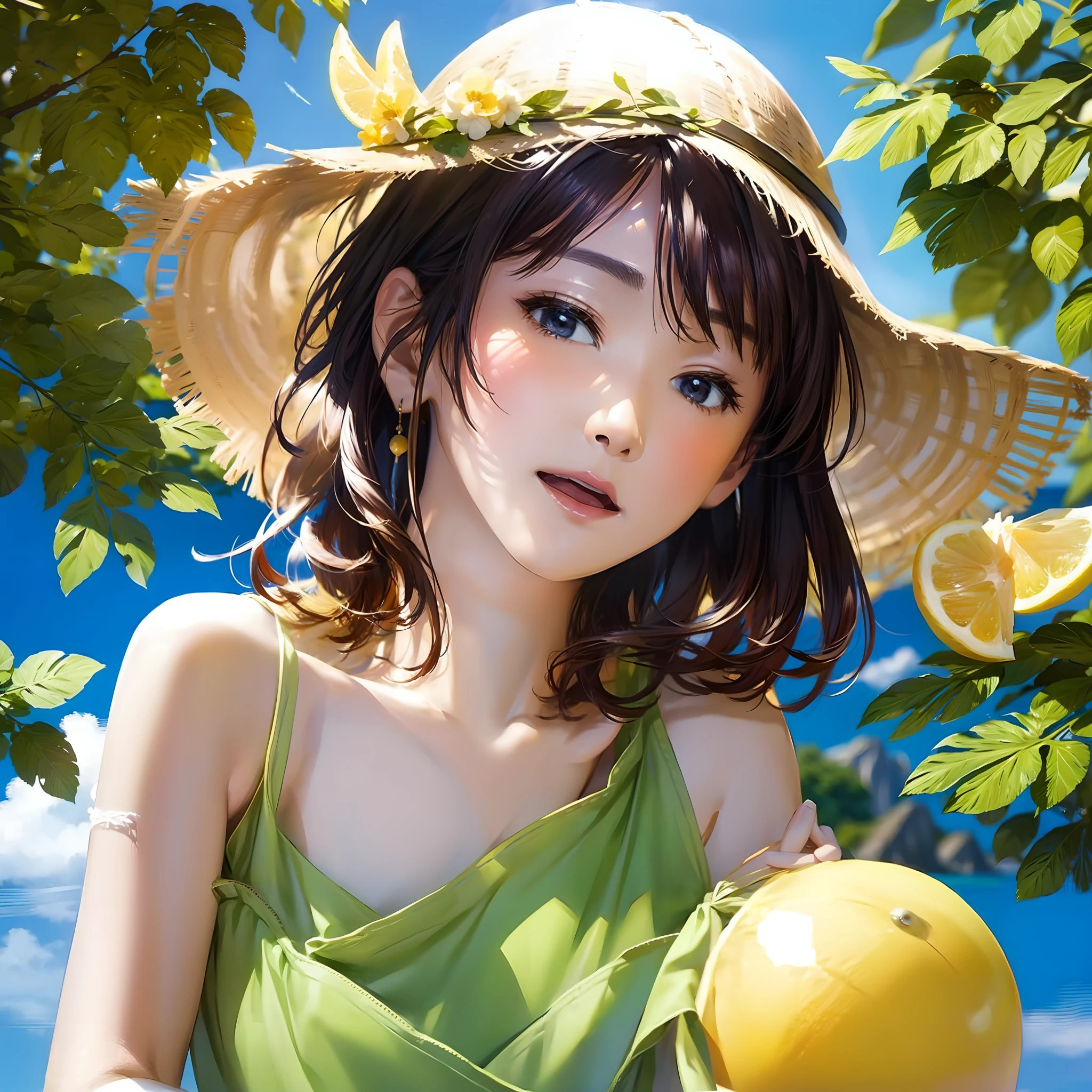 Masterpiece, (1 woman: 1.8) lemon, yellow skin, open mouth, close eyes, summer morning, Ghibli, valley, blue sky