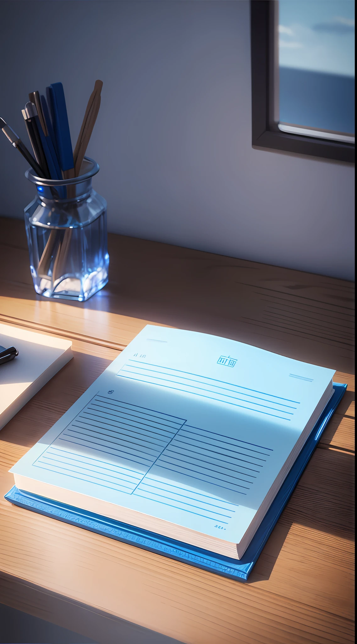 Blue stationery, White table, anime styled, depth of view, 30-degree overhead view of the lens, highdetail, Chiaroscuro, cinematic Lighting, UHD --auto --s2