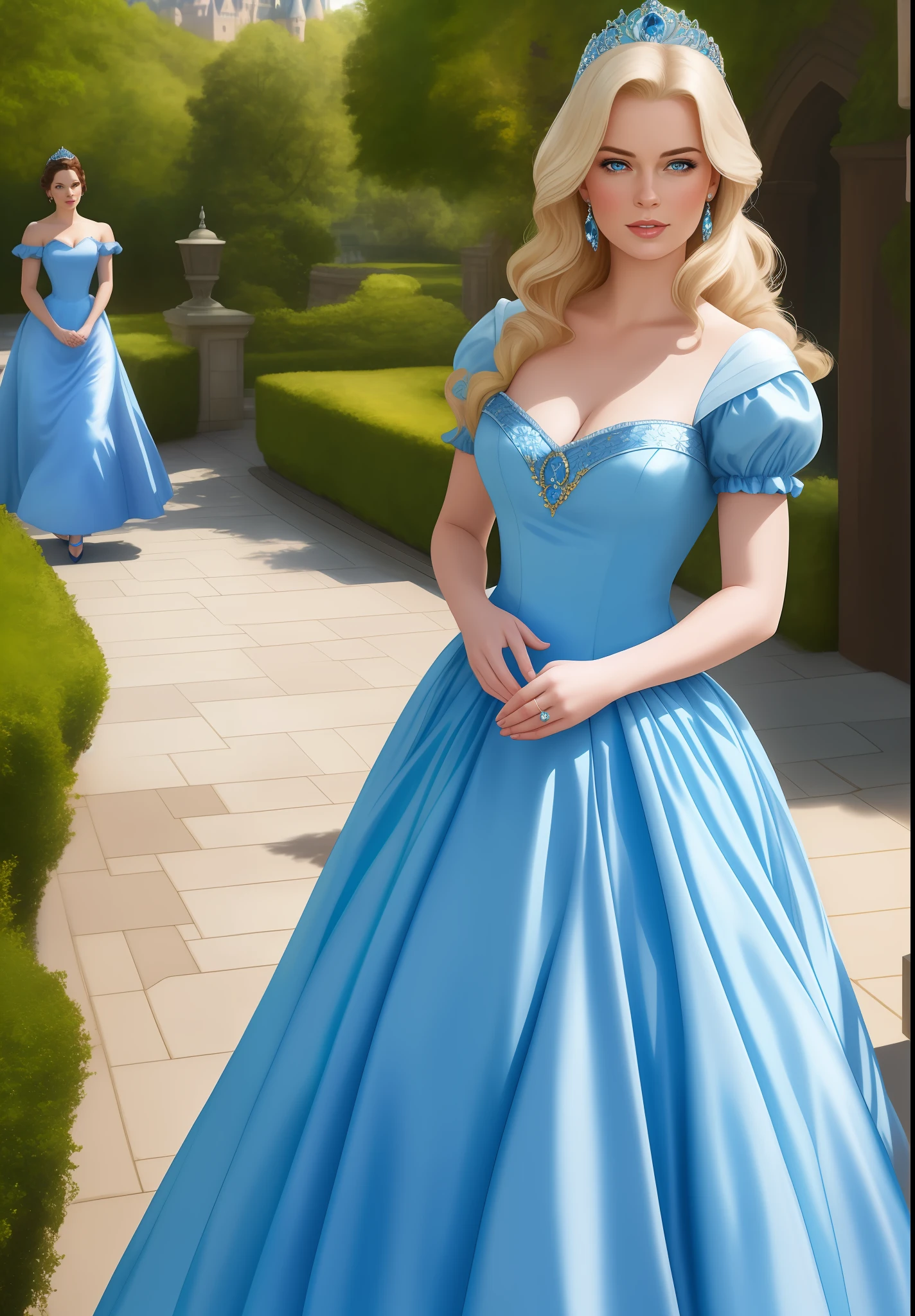 A beautiful realistic woman in a blue dress, Cinderella, she has pale blue skin, Disney character style, Rebecca Romijn, in the background a castle
