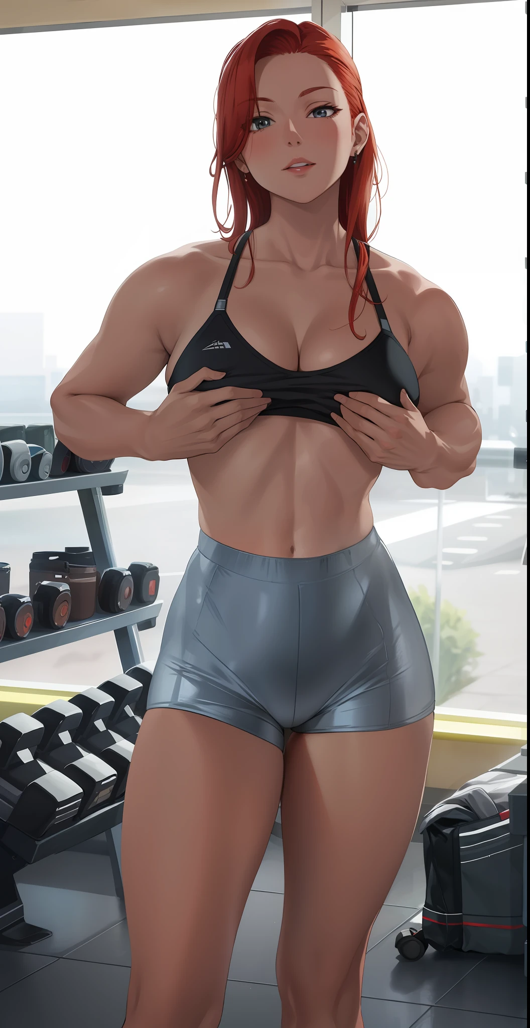 Woman, redhead, looking at the viewer, big thighs, big ass, shiny black cycling shorts
