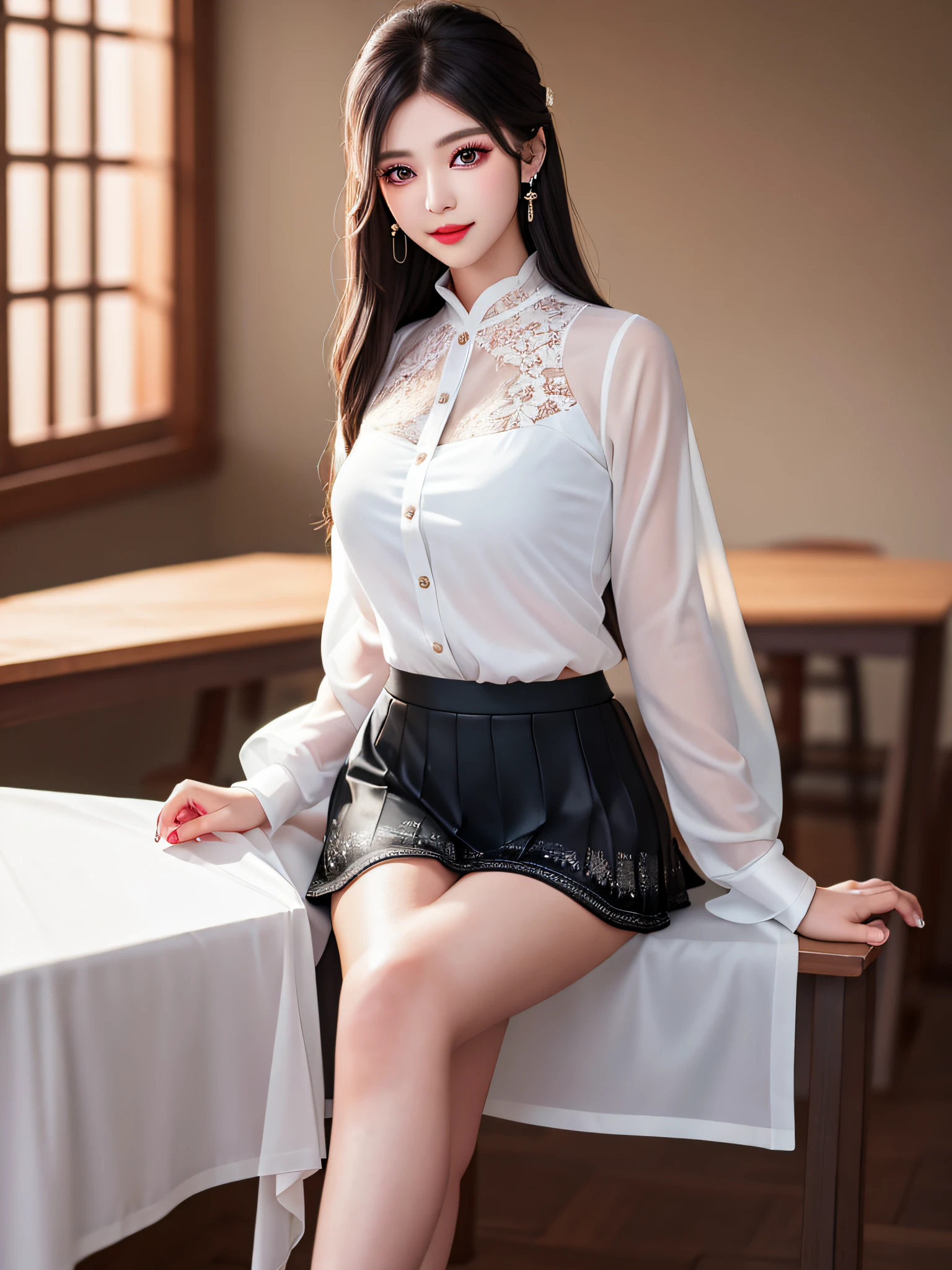 Female teacher crossing legs on classroom chair v6, earrings, full body v6, long gray hair, looking, superb, ultra high definition, RAW photo, realism 1.25), (bright lip gloss, long eyelashes, smooth) face, bright skin, natural shadows, wide light, wide light, depth of field, strong colors, subtle caustics: 0.8), smile, (big), v6, ((white sheer blouse, Black mini flared skirt)), black lace