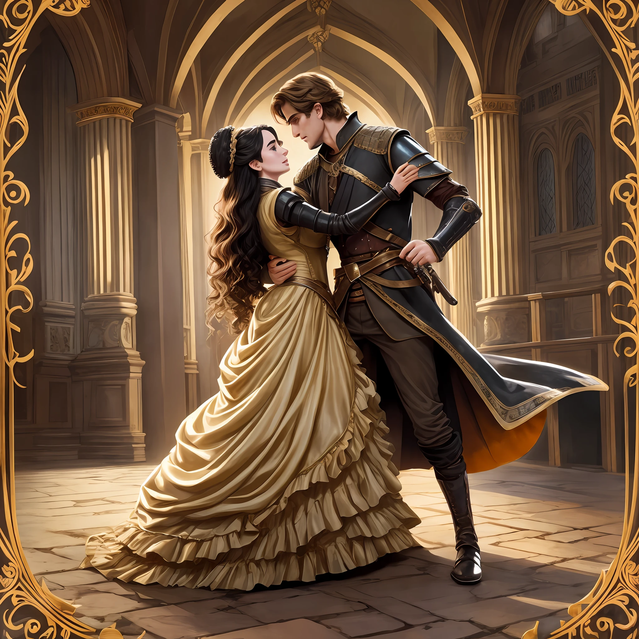 woman Lily Collins who has long, curly brown black hair wears a medieval dress; the man Neels Visser wears a medieval military outfit and has blonde hair. The couple is waltzing in the ballroom. The illustration is like a novel book cover with a detailed background, bright, illuminated, ultra detailed, concept art, elegant, art by Greg Hildebrandt, Samyang --auto --s2