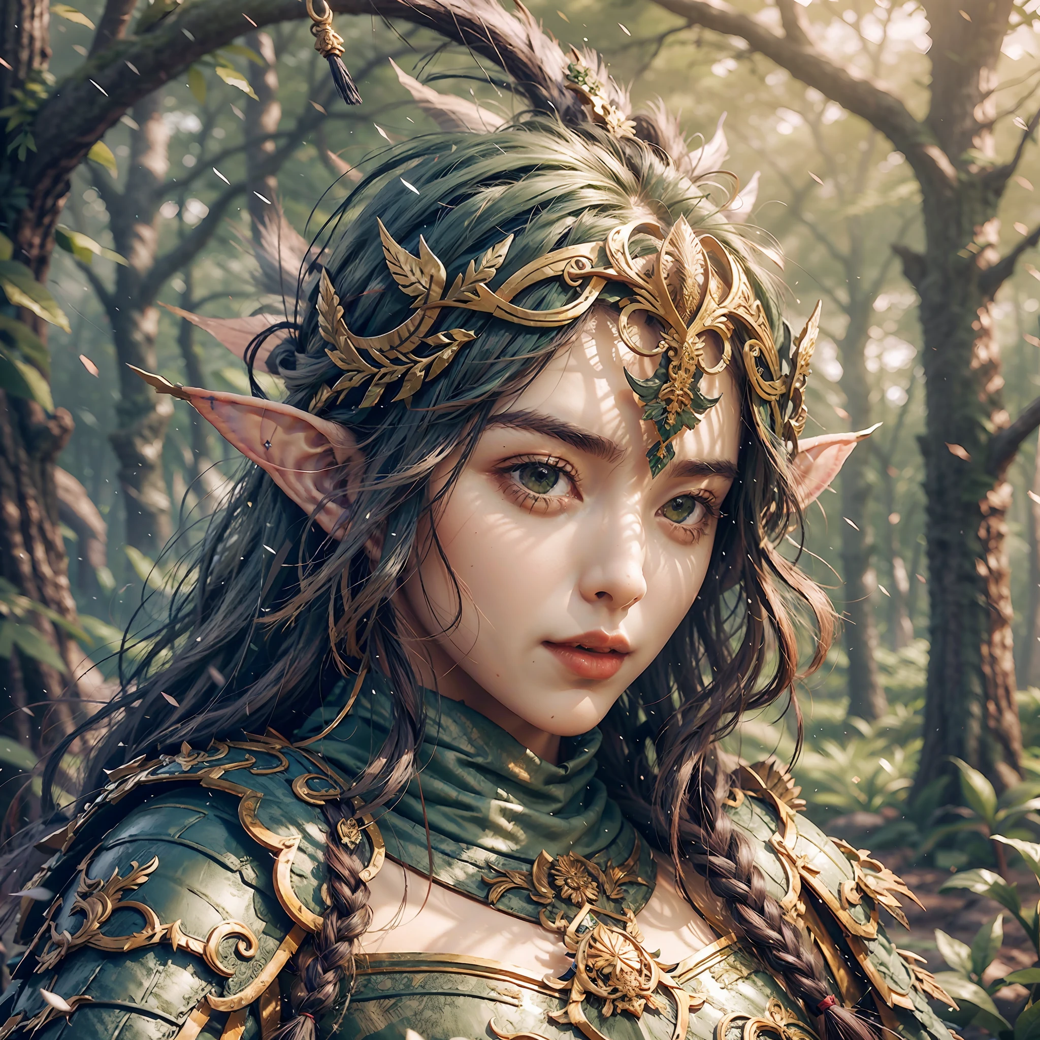 beautiful forest elf, pretty face, nice body, black hair, wearing armor, green cape, in a forest, 8k, extremely detailed, ultra realistic --auto --s2