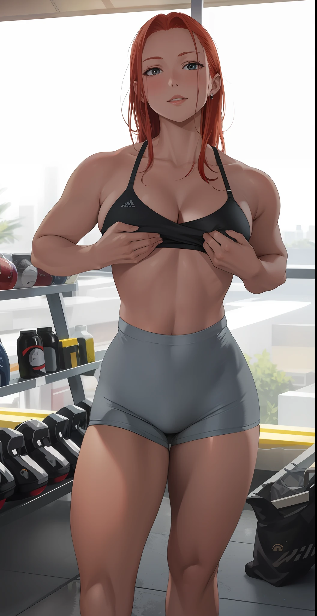 Woman, redhead, looking at the viewer, big thighs, big ass, shiny black cycling shorts