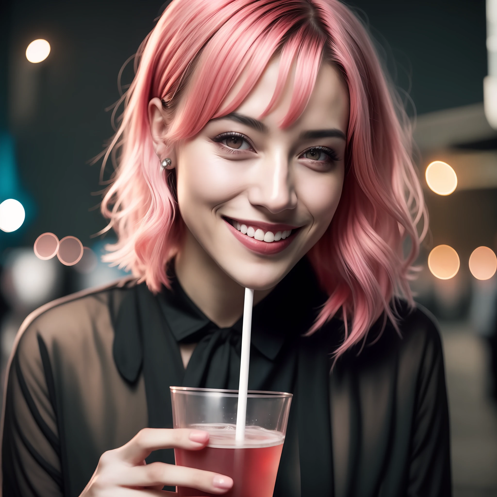 85mm photo portrait of a cute girl, smile, pink hair, 20 years old, flirting with camera, slate atmosphere, cinematic, faded colors, dark shot, muted colors, grainy film, lut, scary,drinking drink with straw in mouth sexy way at ballad, party