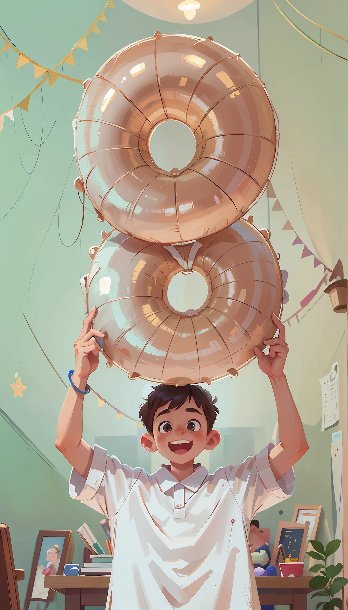 A 6-year-old little boy, holding the number 8, happy and happy, cartoon, masterpiece details