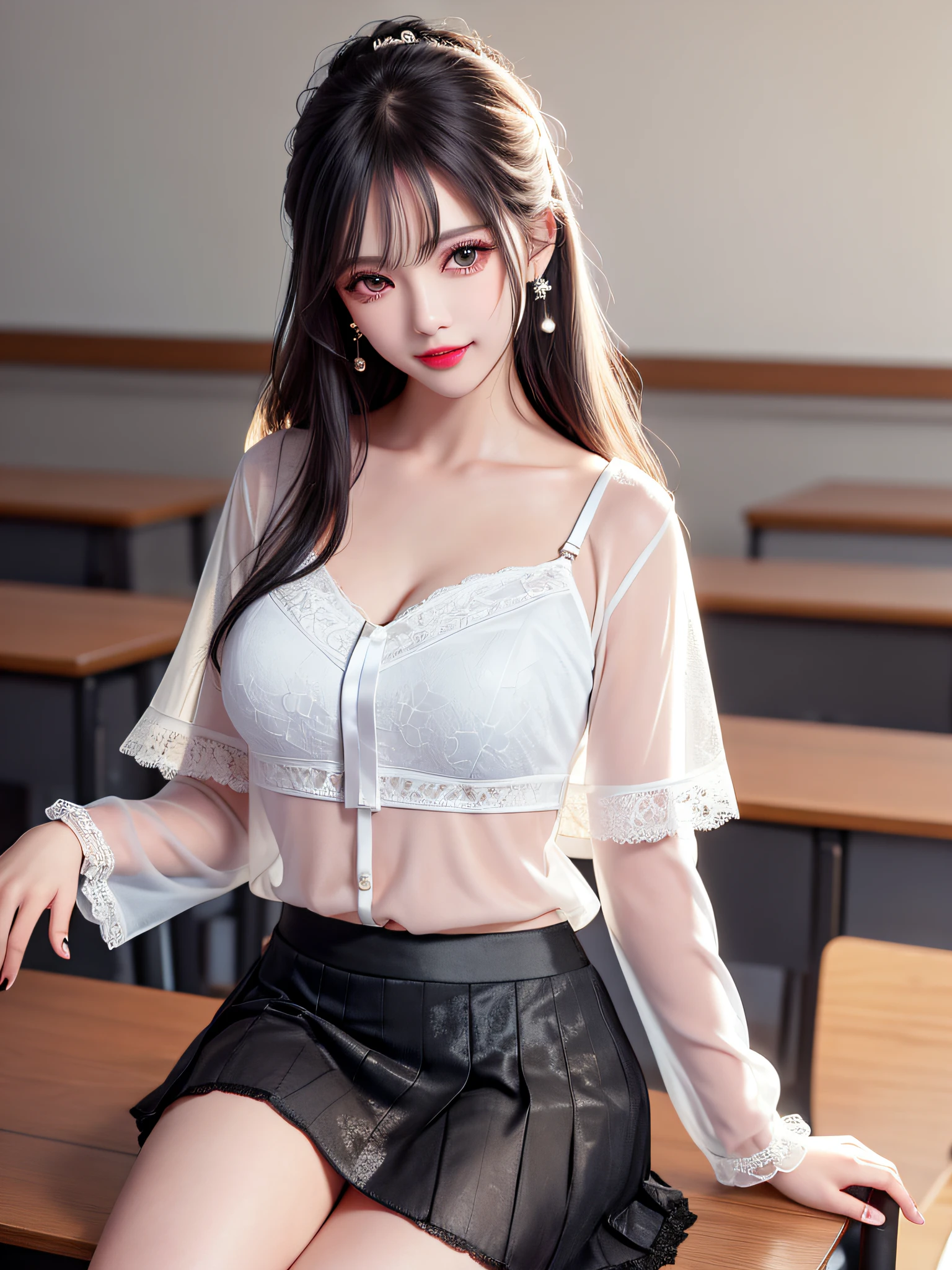 Lingerie, Female Teacher Cross Legs on Classroom Chair v6, Earrings, Full Body V6, Long Gray Hair, Looking, Superb, Ultra High Definition, RAW Photo, Realism 1.25), (Bright Lip Gloss, Long Eyelashes, Smooth) Face, Bright Skin, Natural Shadows, Wide Light, Wide Light, Depth of Field, Strong Colors, Subtle Caustics: 0.8), Smile, (Big), V6, ((White Sheer Blouse, black mini flared skirt)), (black lace lingerie), sleeveless,