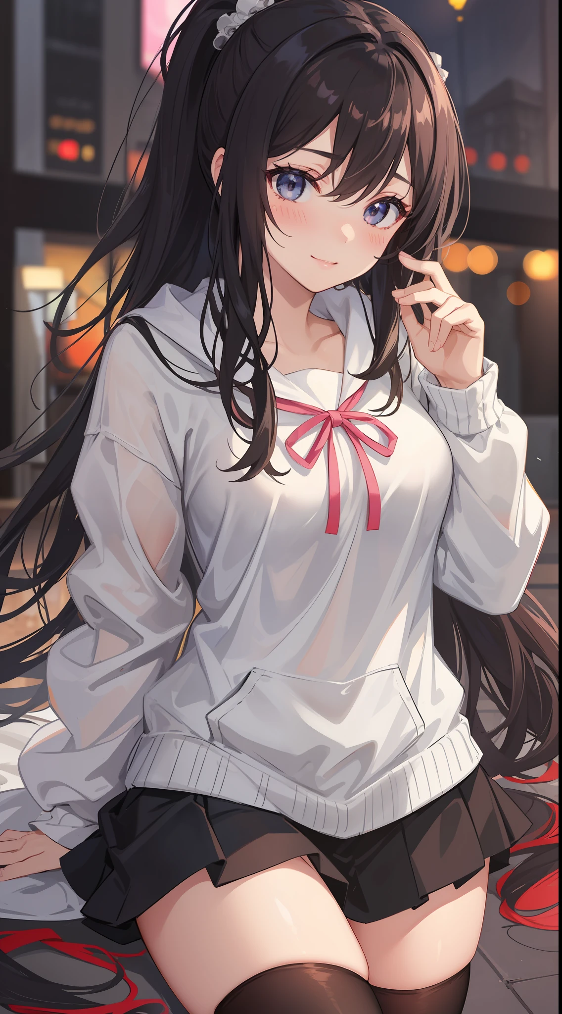 blush, girl, exquisite eyes, looking at you, floating hair, delicate facial features, high quality, high resolution, high detail, student, cute, long hair, double ponytail, smile, watery eyes, squinting, hooded sweatshirt, miniskirt, black silk, white silk, over-the-knee socks, ribbon hair accessories, necklace, detail background, bust shot, lively Spring Festival, dull hair, flowing hair, black hair, fireworks, hands on their chest, holding legs