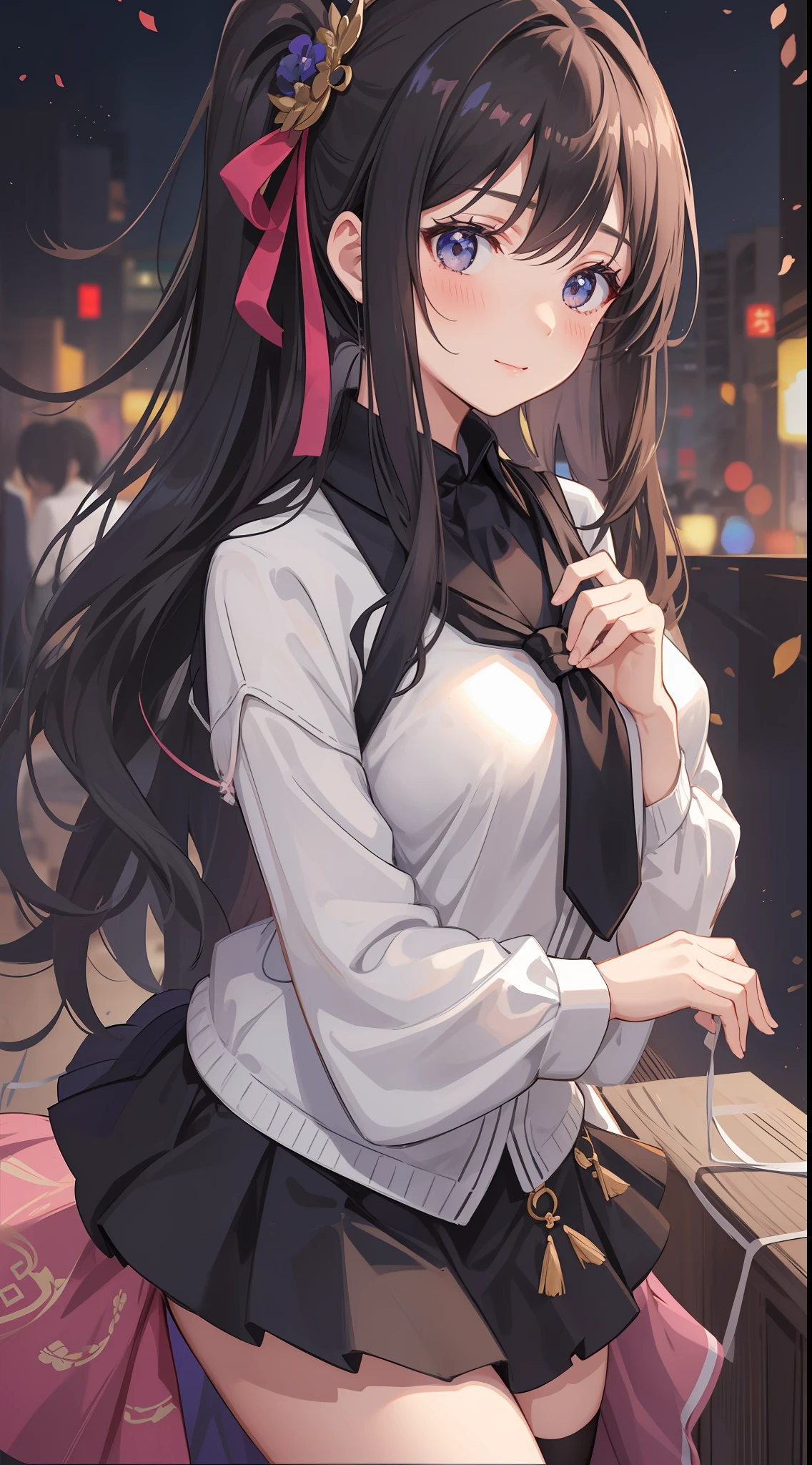 blush, girl, exquisite eyes, looking at you, floating hair, delicate facial features, high quality, high resolution, high detail, student, cute, long hair, double ponytail, smile, watery eyes, squinting, hooded sweatshirt, miniskirt, black silk, white silk, over-the-knee socks, ribbon hair accessories, necklace, detail background, bust shot, lively Spring Festival, dull hair, flowing hair, black hair, fireworks, hands on their chest, holding legs